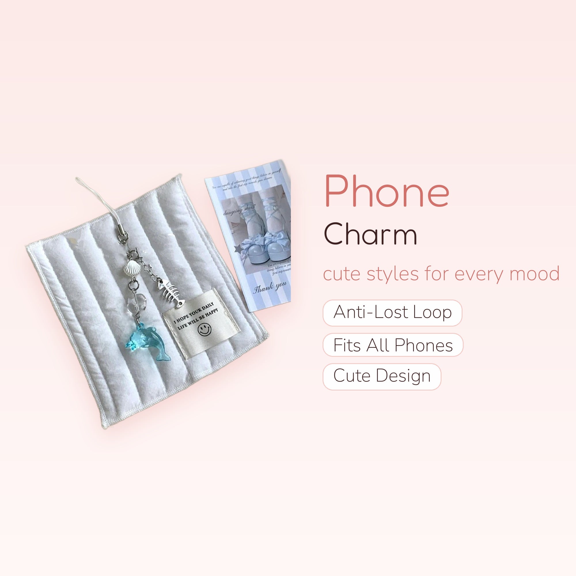 Blue Dolphin & Seashell Phone Charm | Aesthetic Beaded Wrist Strap with Fishbone