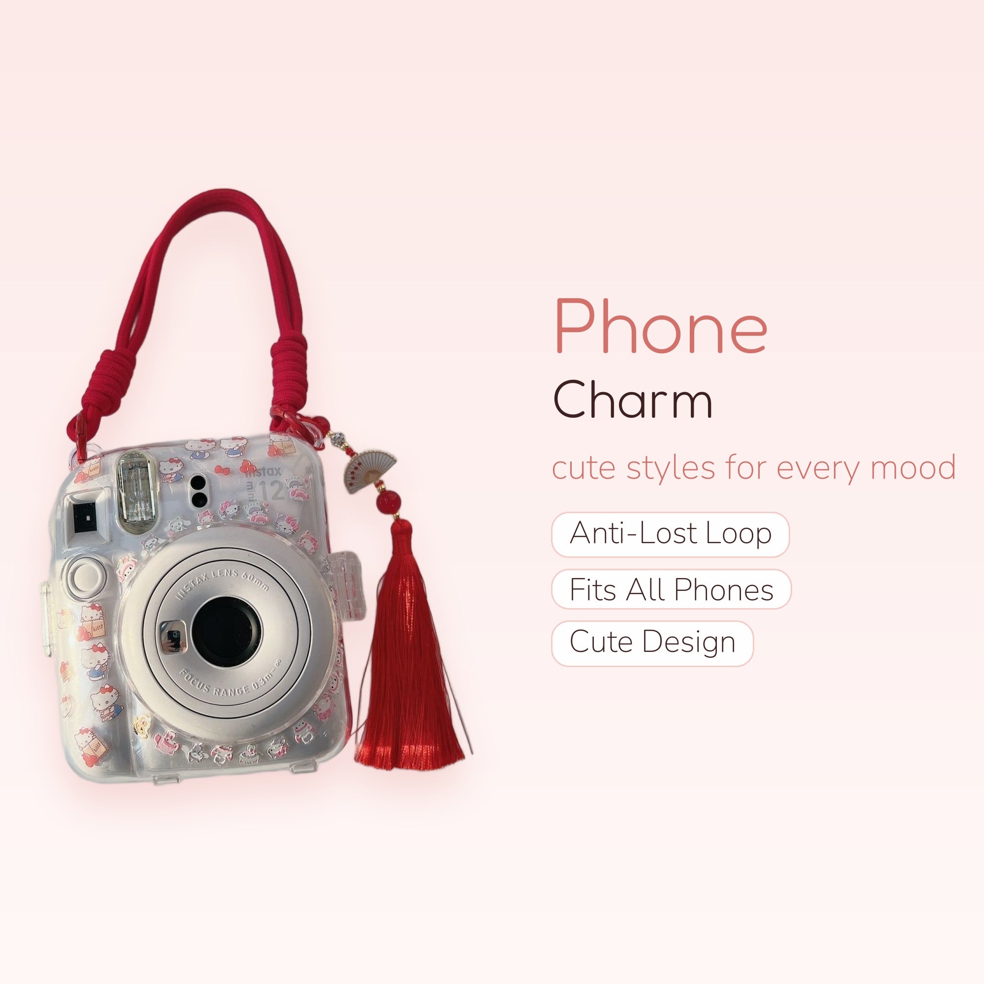 Red Braided Rope Phone Charm | Hello Kitty Instax Camera Strap