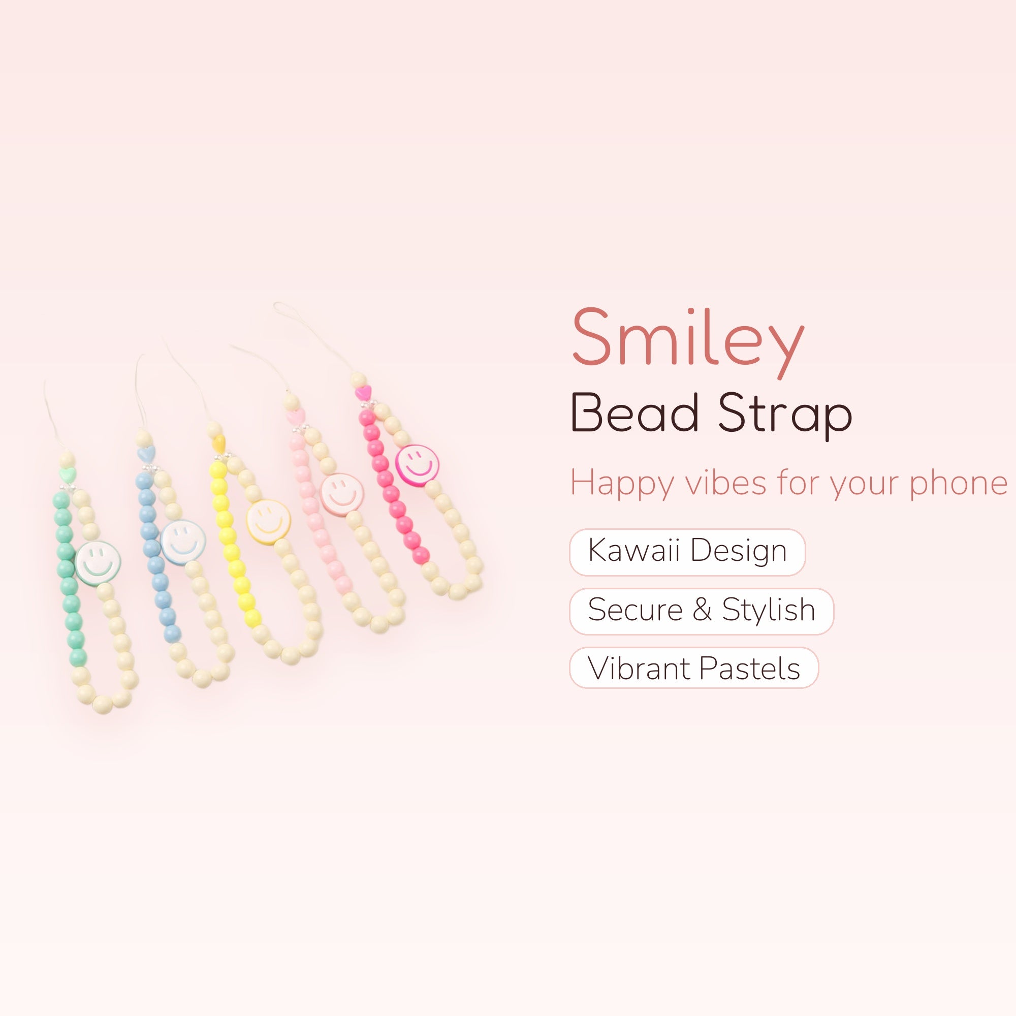 Smiley Face Bead Phone Charm Strap | Pastel Wrist Lanyard
