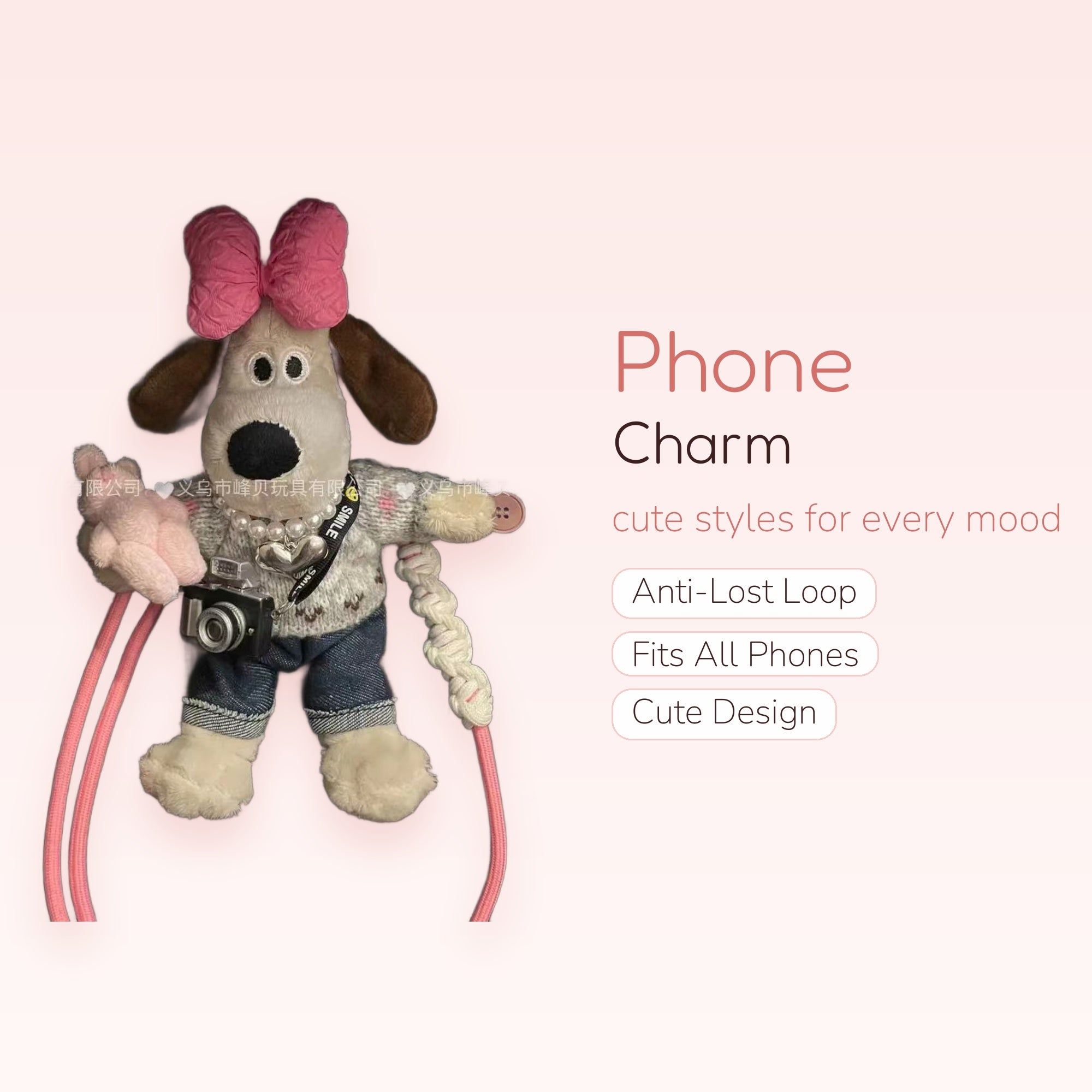 Kawaii Snoopy Dog Plush Phone Charm | Cute Pink Bow & Camera Wrist Lanyard