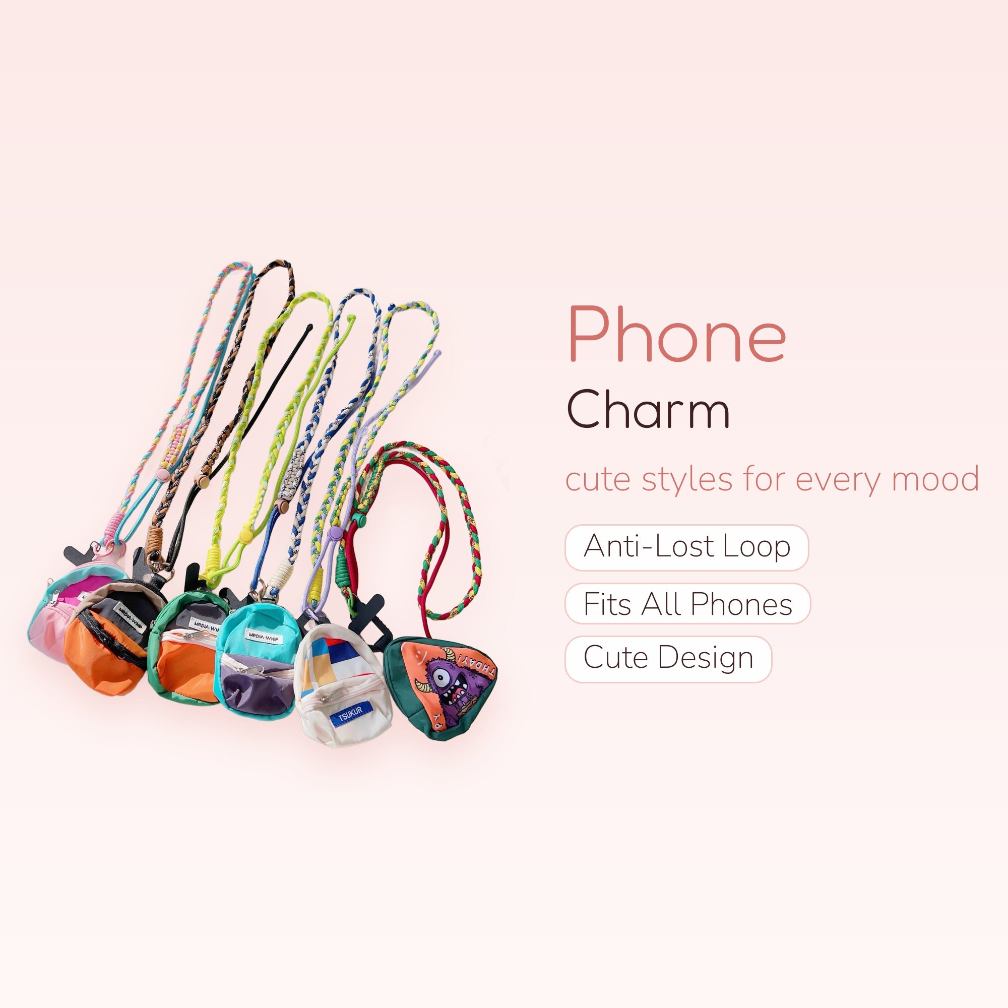 Colorful Braided Rope Phone Charm Lanyard | Mini Backpack Keychain Strap