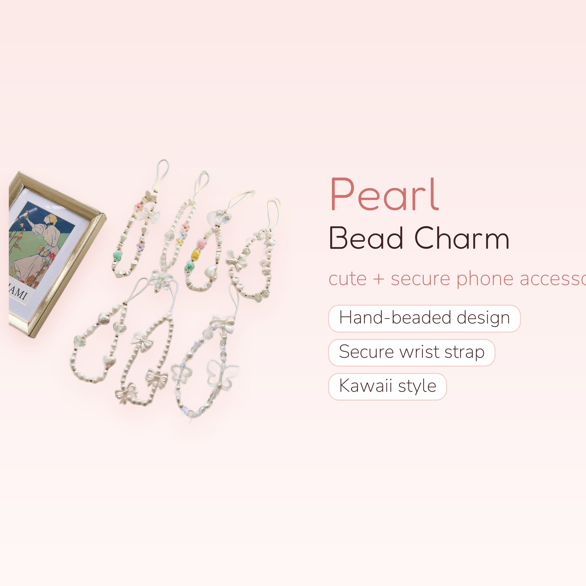 Kawaii Pearl Phone Charm Strap | Cute Beaded Wrist Lanyard | Y2K Aesthetic Phone Accessory | Gift for Her