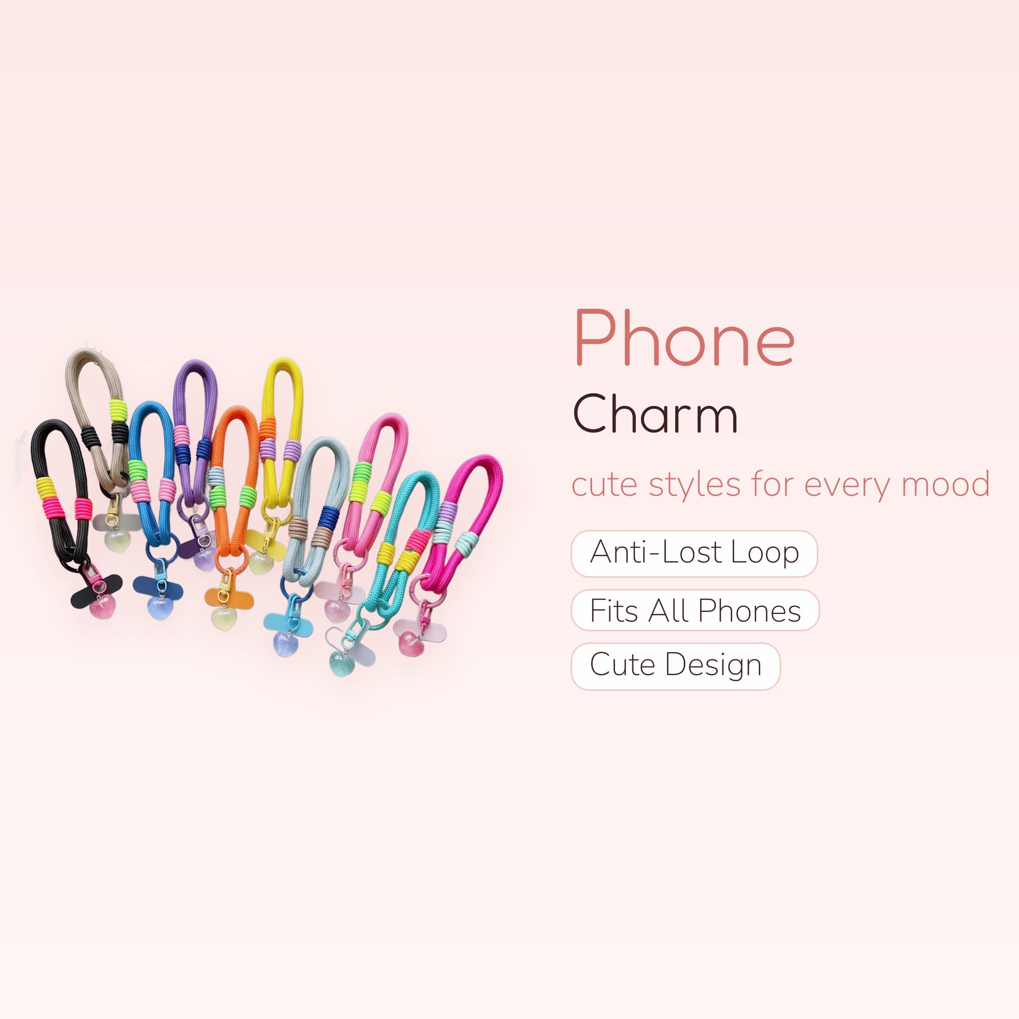 Colorful Braided Rope Phone Charm Strap | Cute Heart Pendant Wrist Lanyard