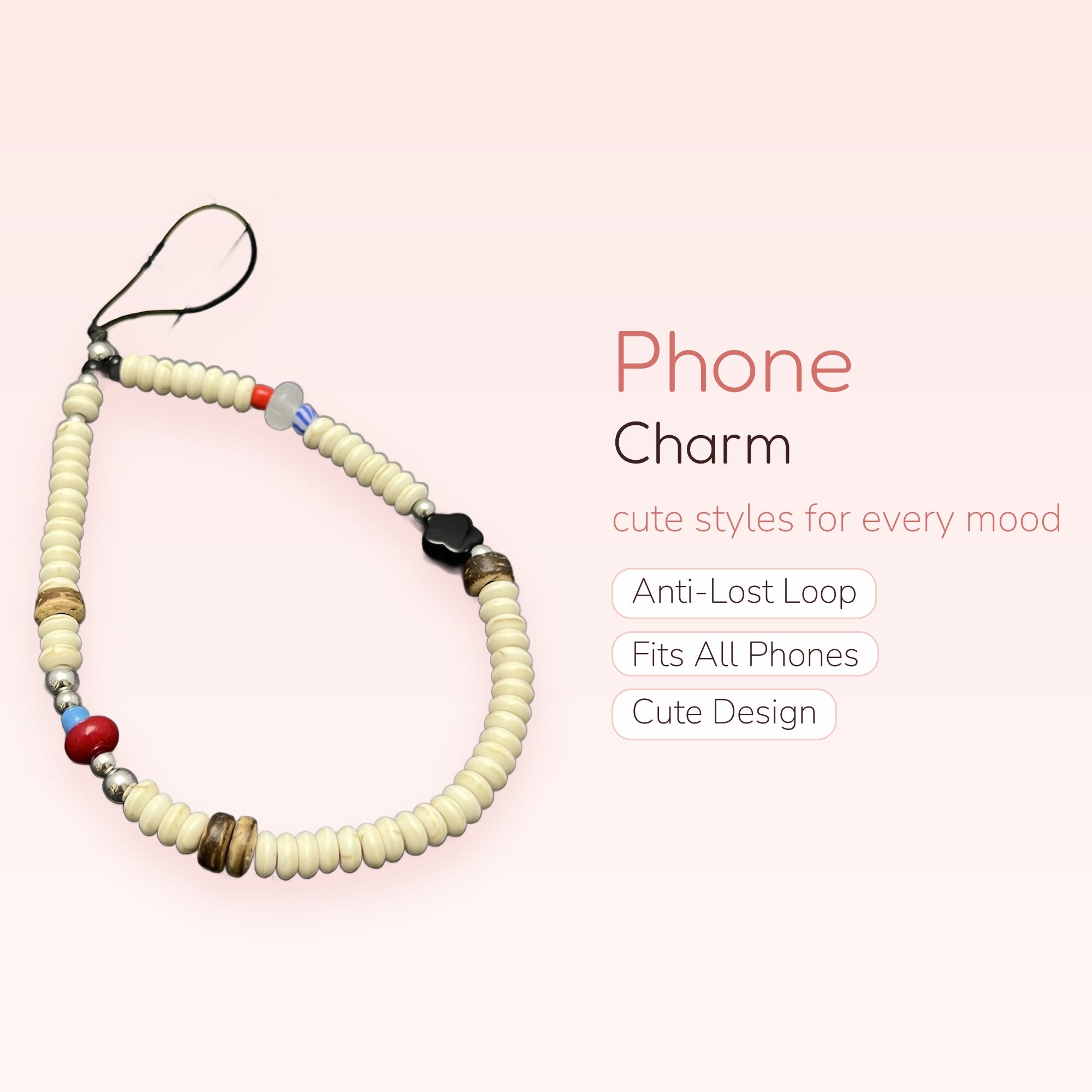 Aesthetic Bone & Wood Bead Phone Charm | Colorful Beaded Wrist Lanyard