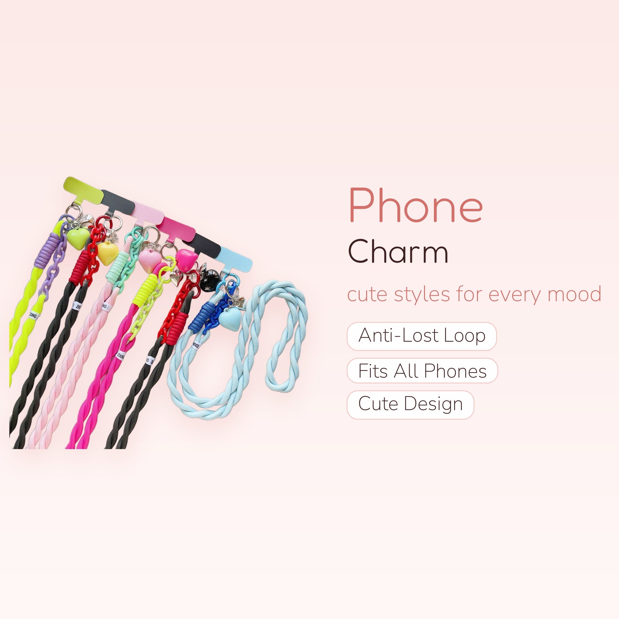 Colorful Twisted Rope Phone Charm Lanyard | Cute Heart & Chain Strap