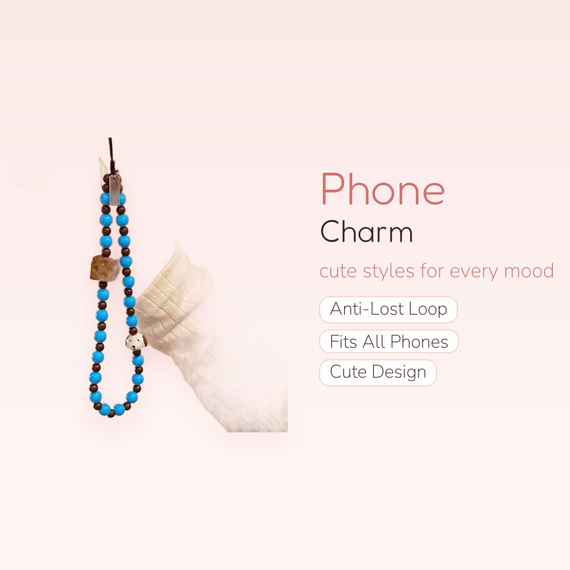 Aesthetic Blue & Brown Beaded Phone Charm | Cute Cheese & Dog Wrist Strap