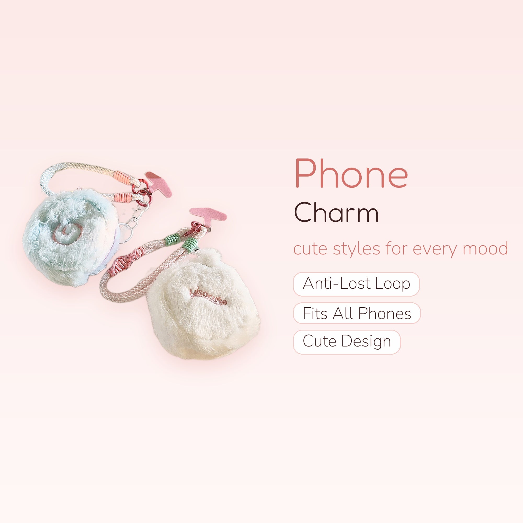 Fluffy Pastel Swirl & White Faux Fur Phone Charm | Cute Wrist Strap Lanyard