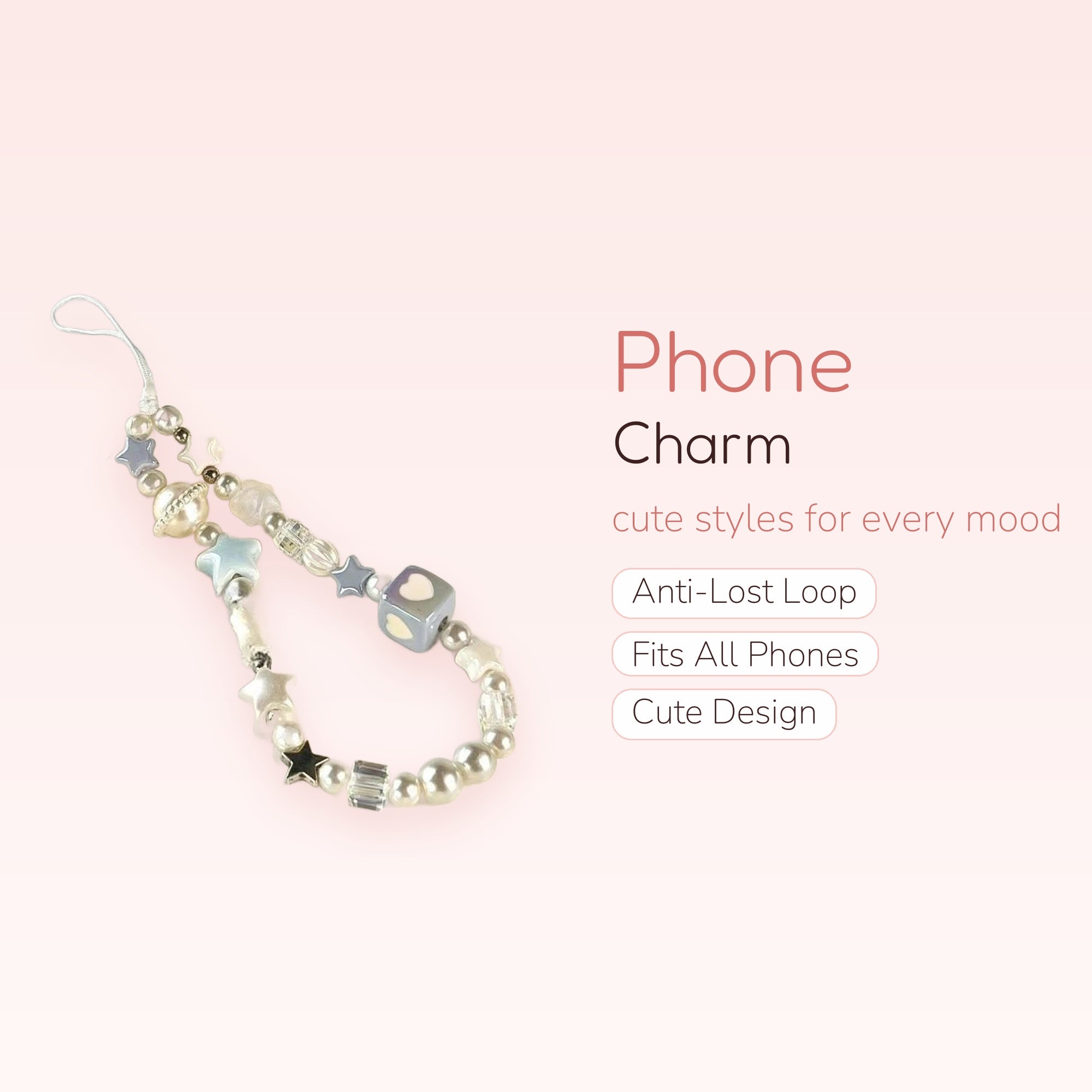 Kawaii Pastel Star & Pearl Phone Charm Strap | Aesthetic Beaded Wrist Lanyard