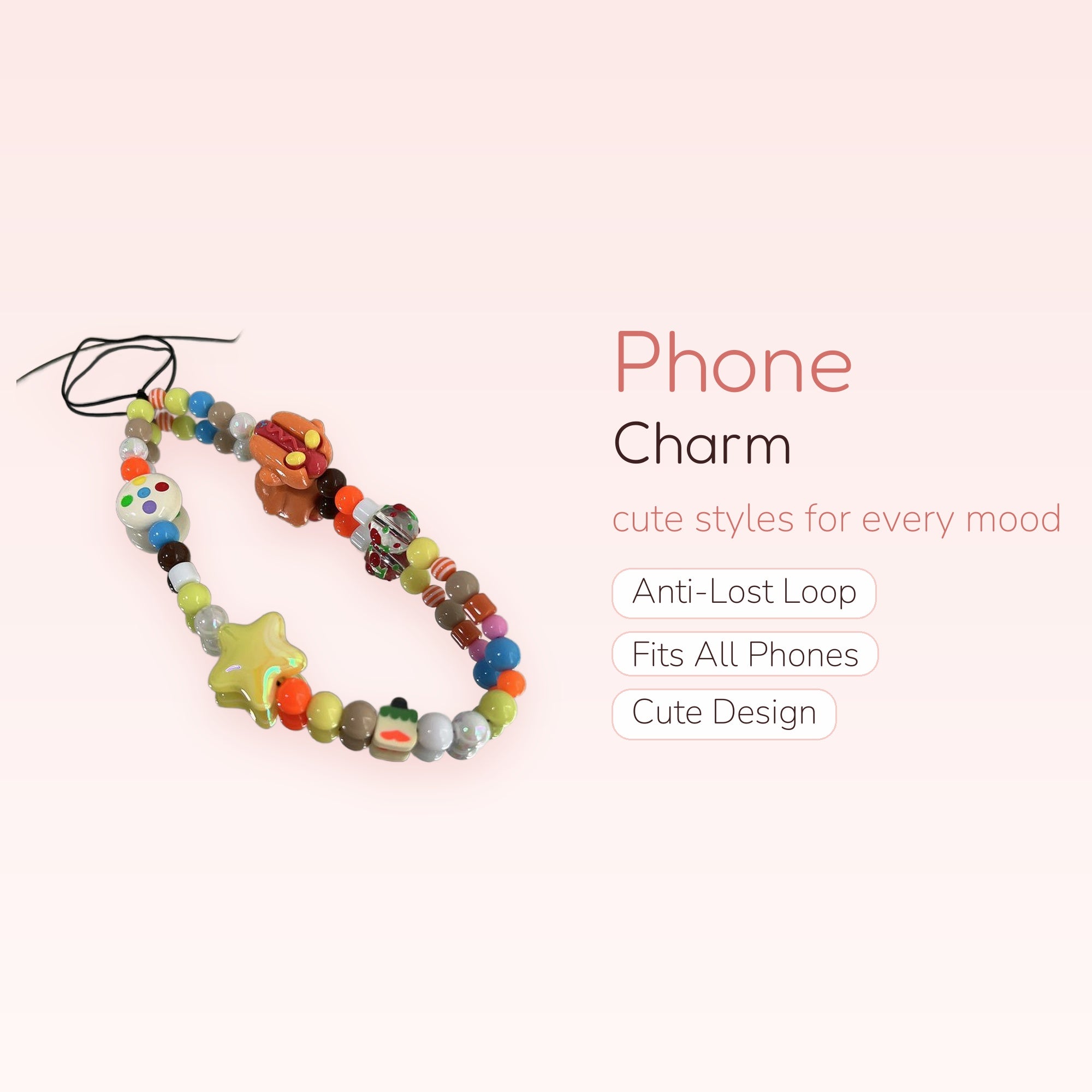Kawaii Beaded Hot Dog & Star Phone Charm | Colorful Y2K Wrist Strap