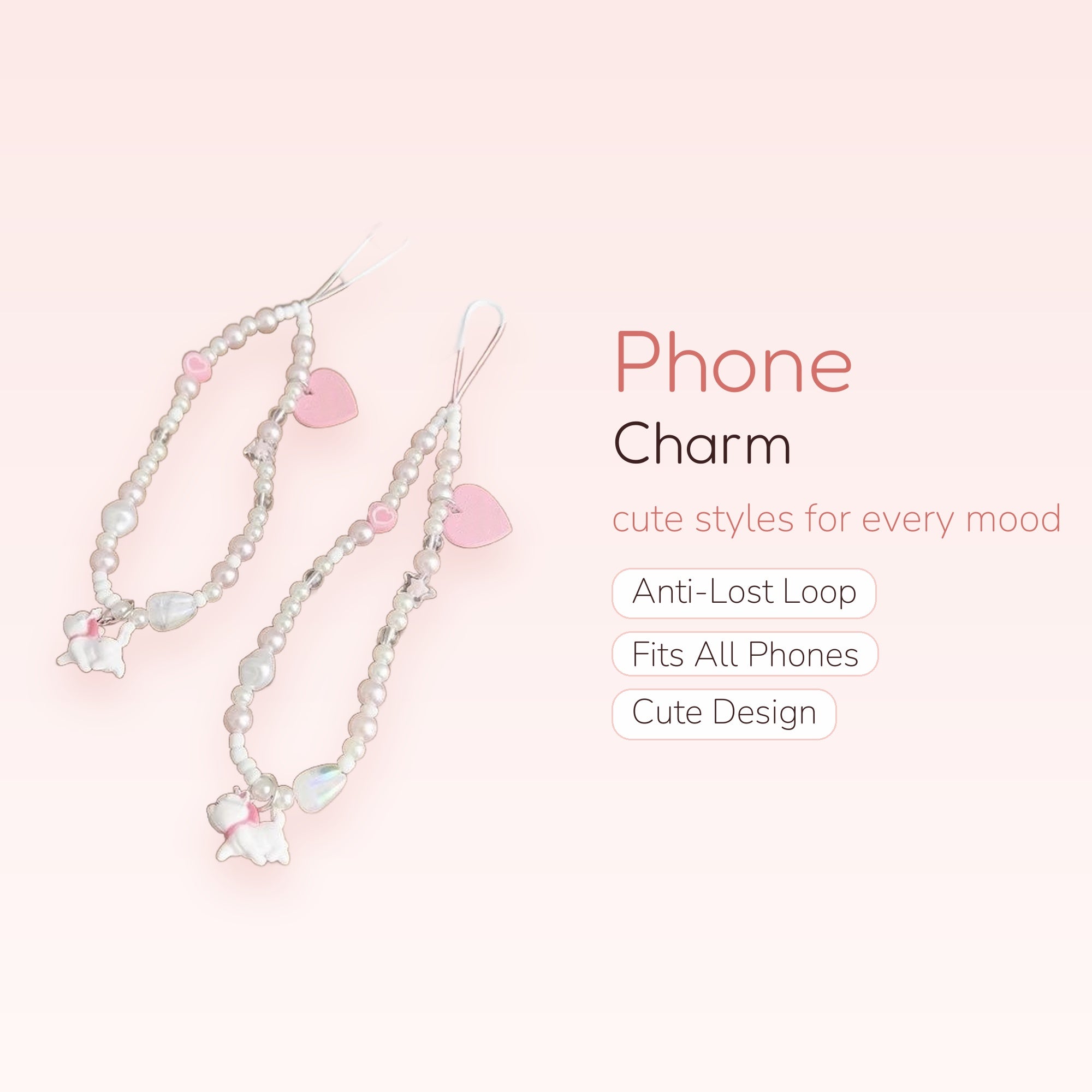 Kawaii Pearl & Puppy Phone Charm Strap | Pastel Pink Heart Beaded Wrist Lanyard