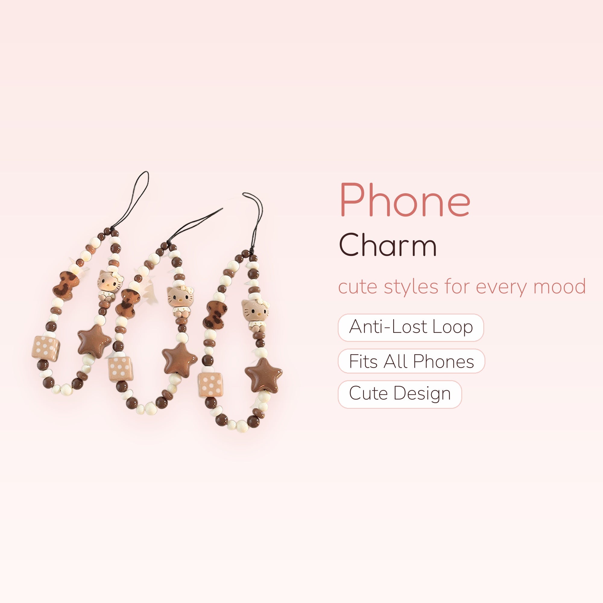 Cute Brown & Cream Beaded Hello Kitty Phone Charm | Aesthetic Star & Dice Wrist Strap