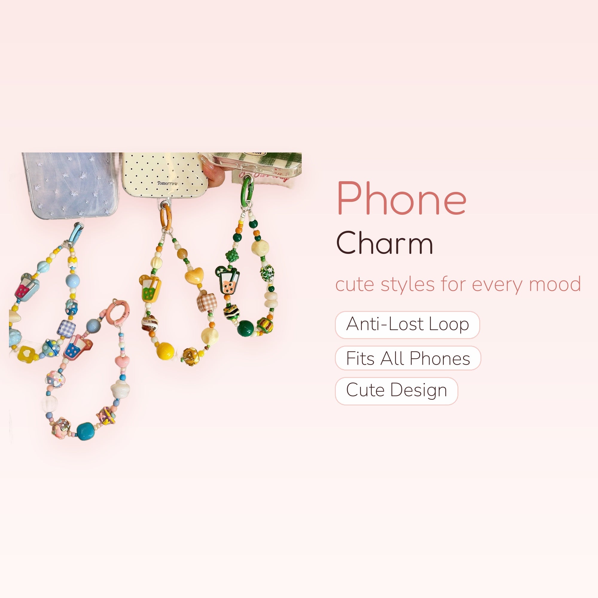 Kawaii Boba Tea & Gingham Phone Charm Straps | Aesthetic Beaded Wrist Lanyards