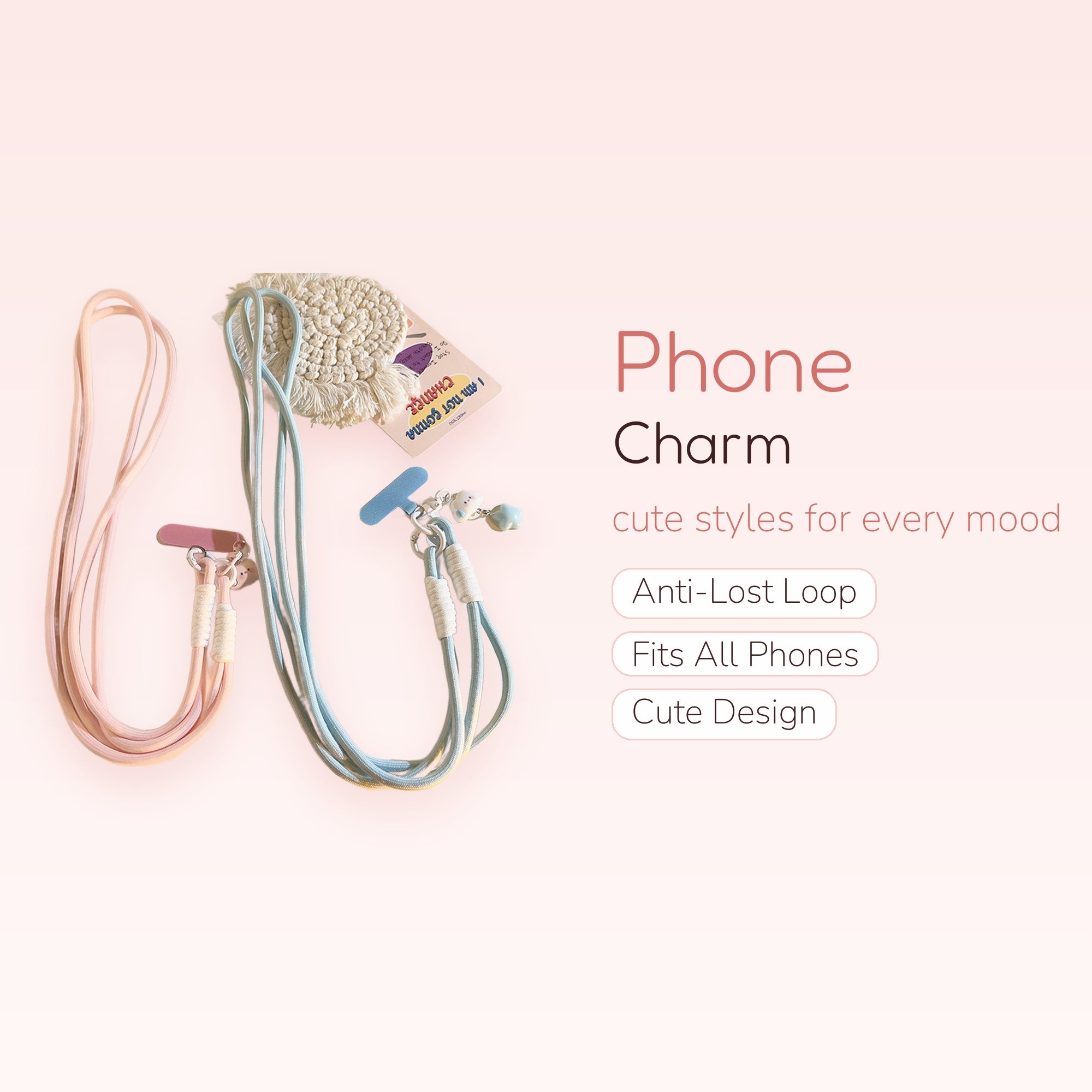 Pastel Pink & Blue Lanyard Phone Charm | Cute Adjustable Crossbody Strap