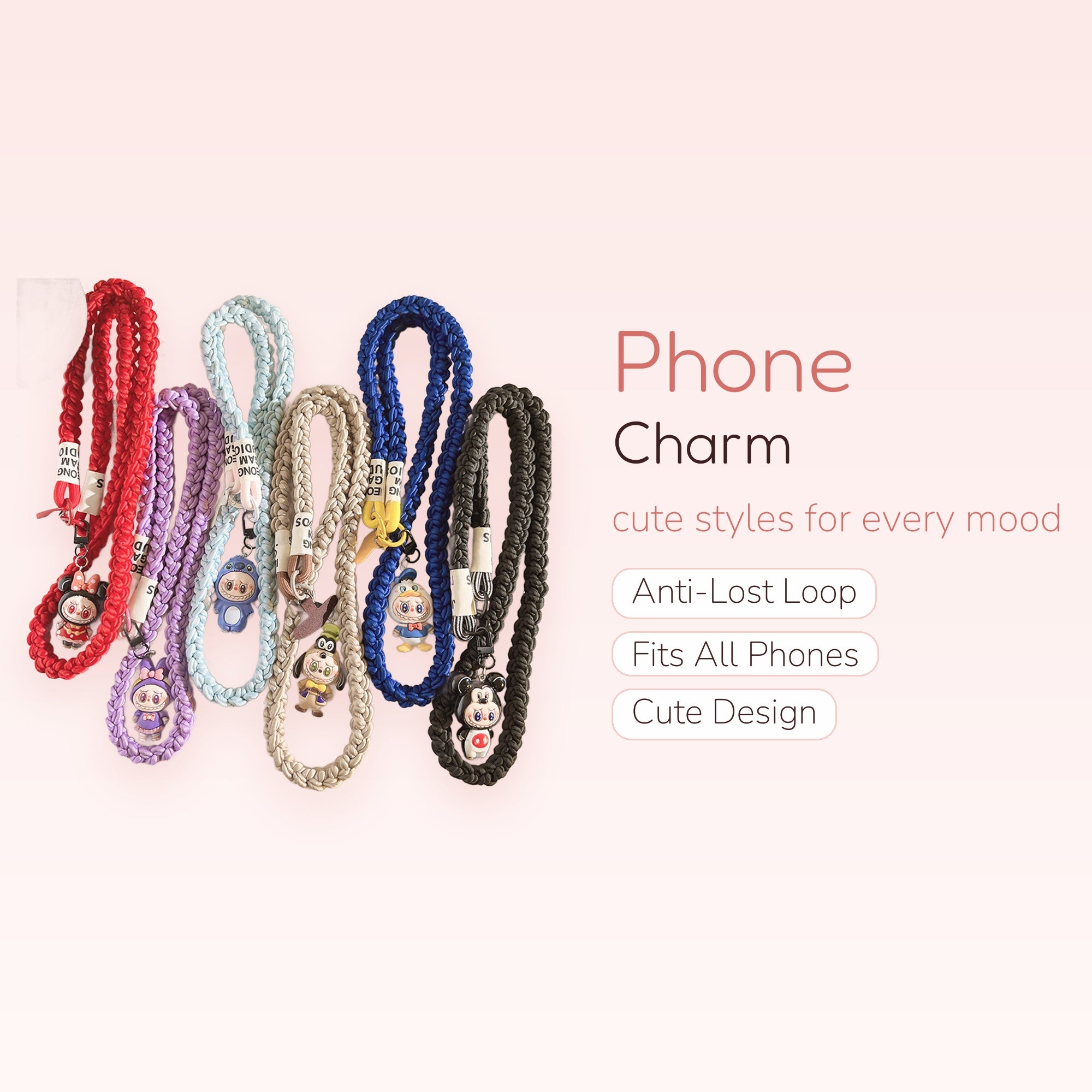 Braided Rope Phone Charm Lanyard | Kawaii Cartoon Character Wrist Strap