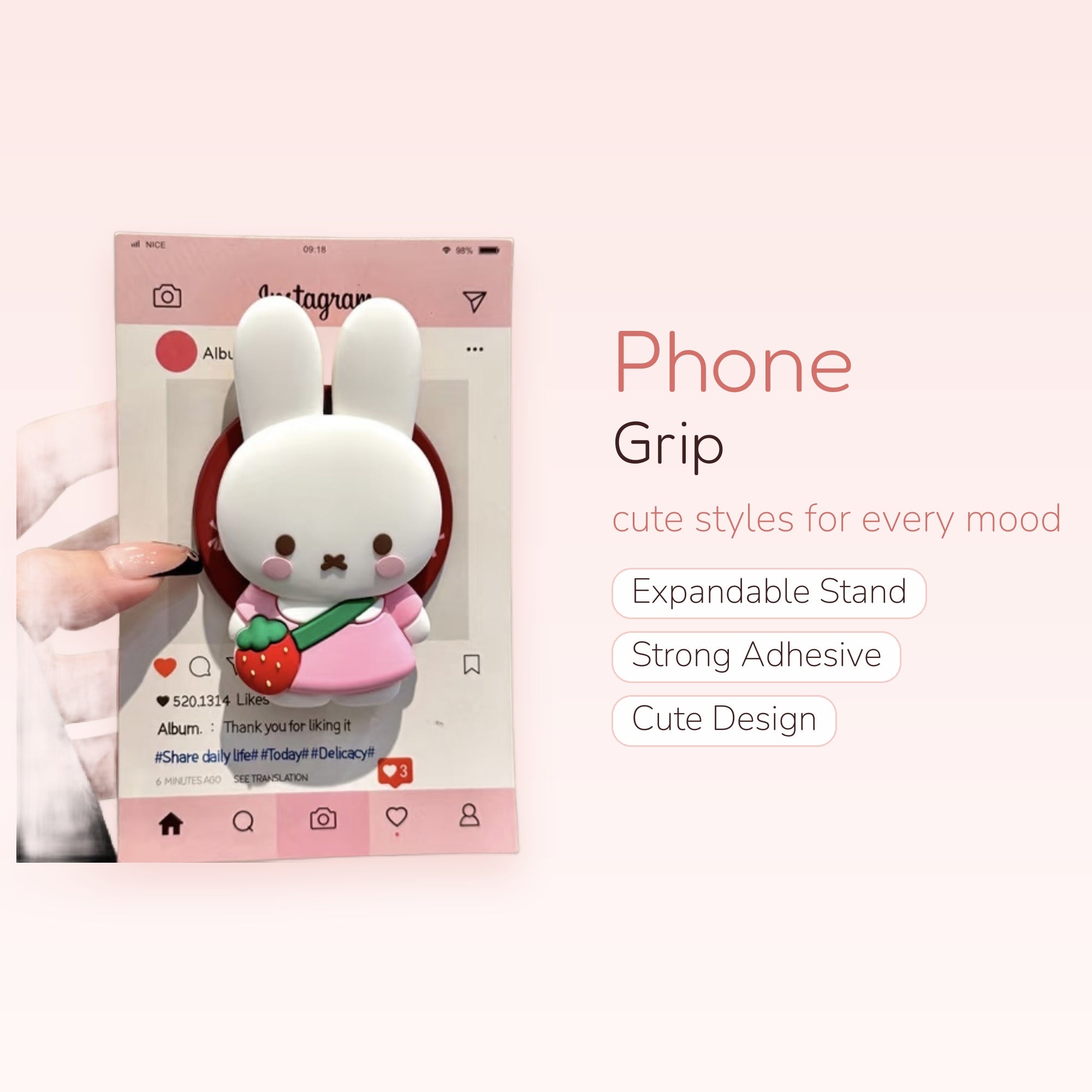 Kawaii White Bunny Phone Grip | Cute Strawberry Pop Socket Stand