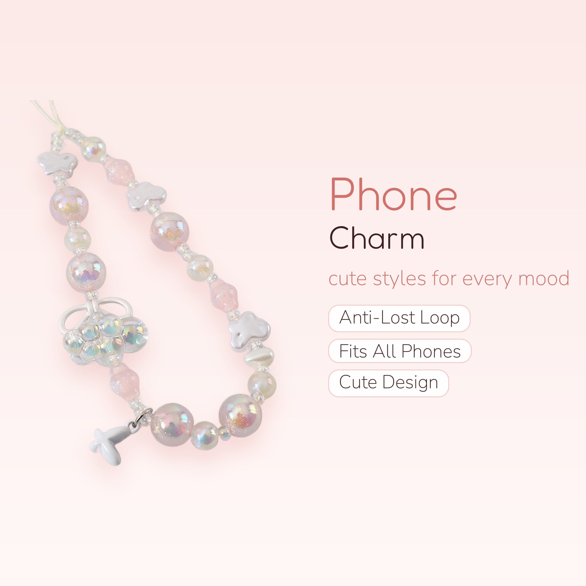 Iridescent Pink & White Beaded Phone Charm | Kawaii Cloud & Bow Wrist Strap