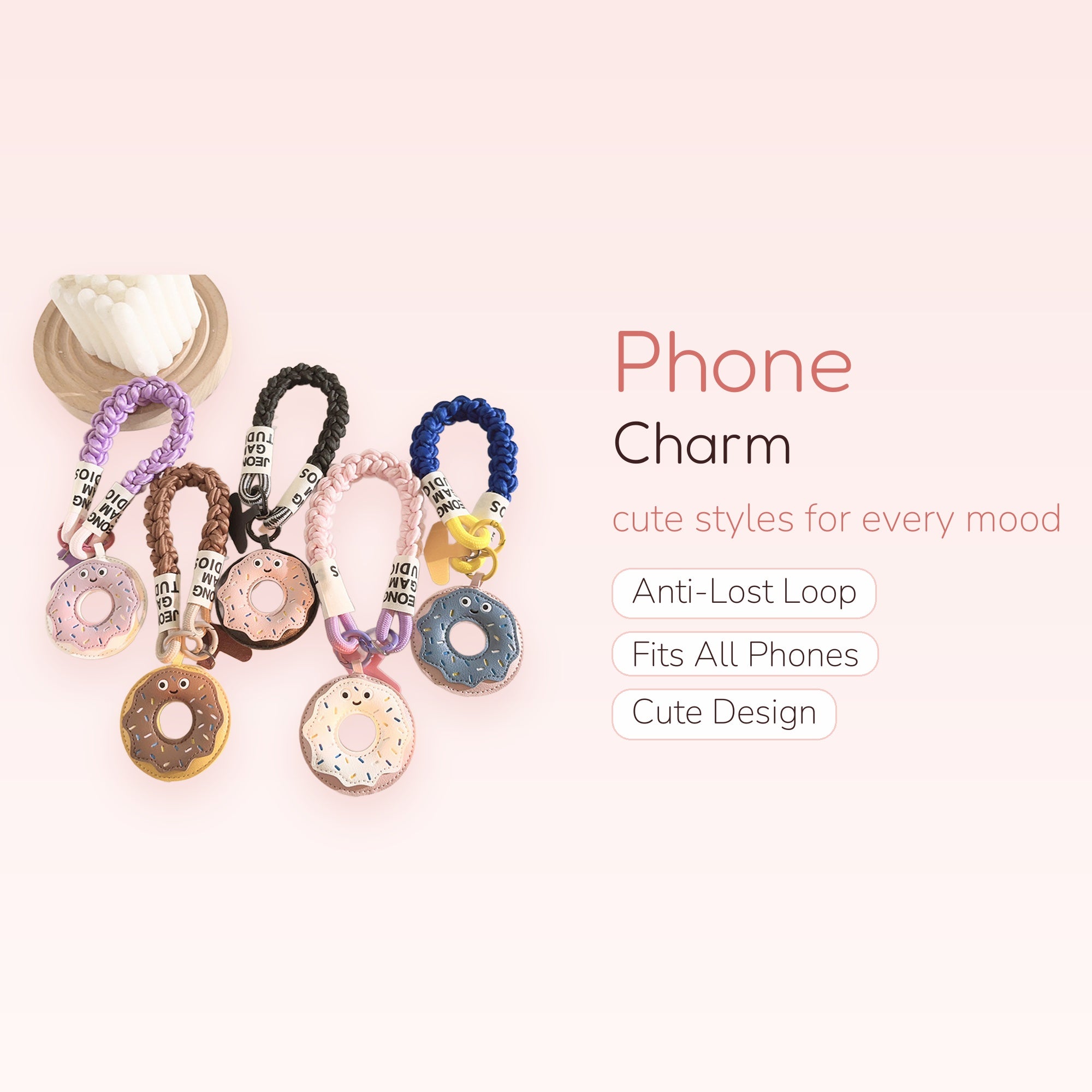 Kawaii Donut Wristlet Phone Charm | Braided Strap Keychain Lanyard