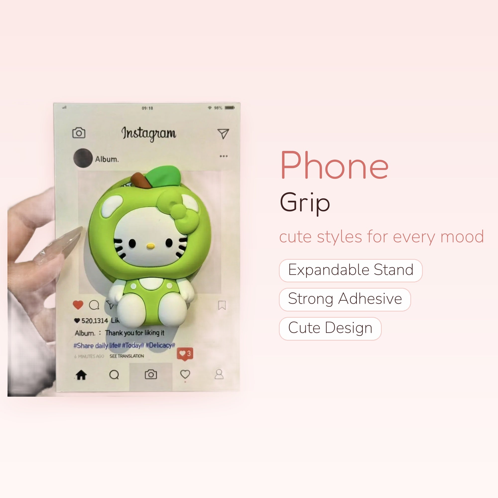 Kawaii Green Hello Kitty Apple Phone Grip | Cute Pop Socket Stand