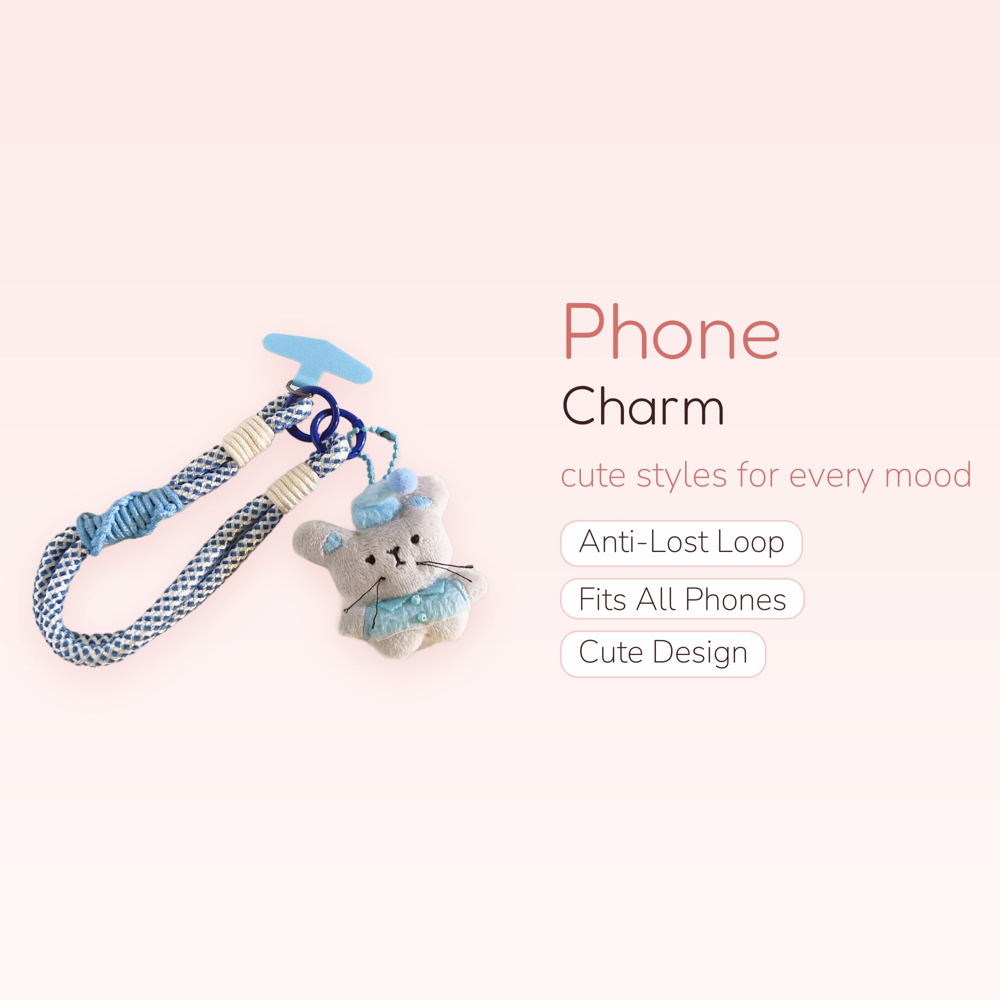 Cute Blue & White Braided Phone Charm | Kawaii Mouse Wrist Lanyard