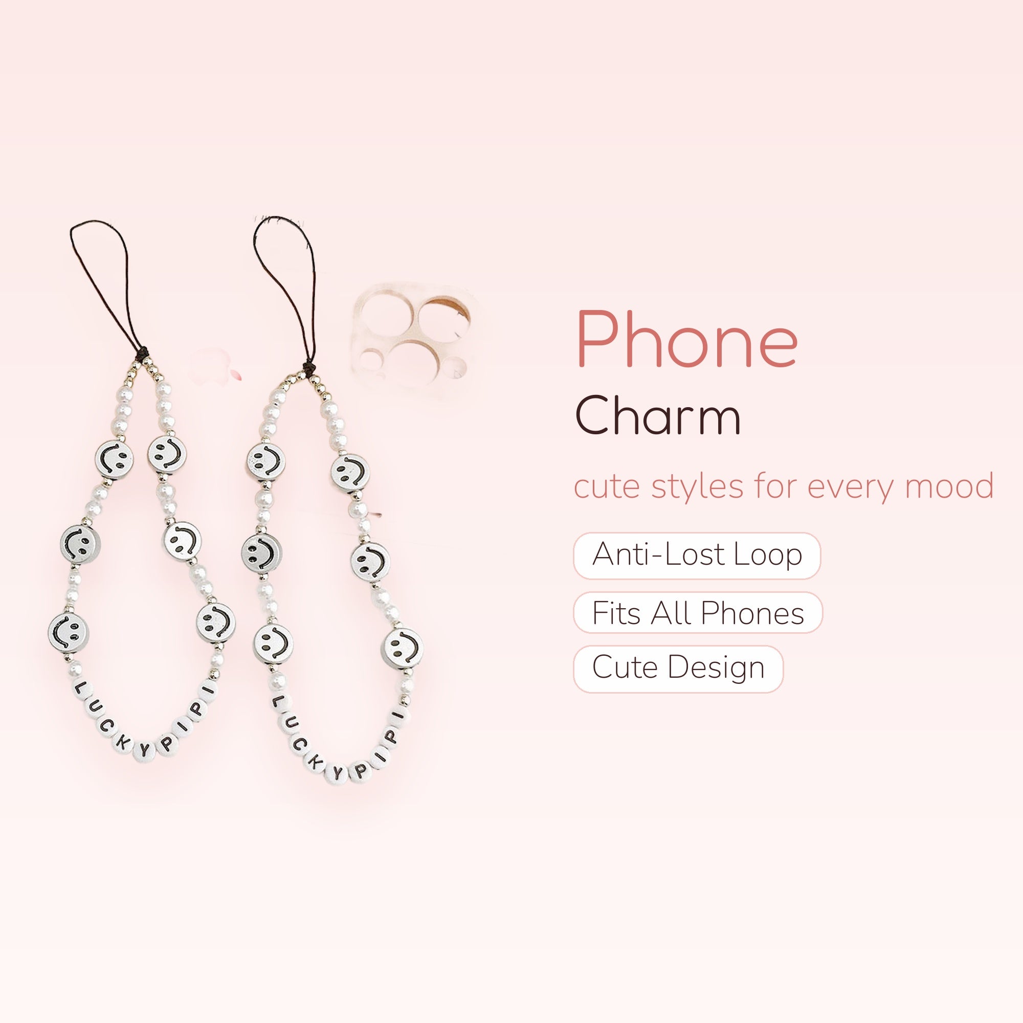 Cute Pearl & Smiley Face Phone Charm | Aesthetic Beaded Wrist Strap with "LUCKY PIPI" Letters