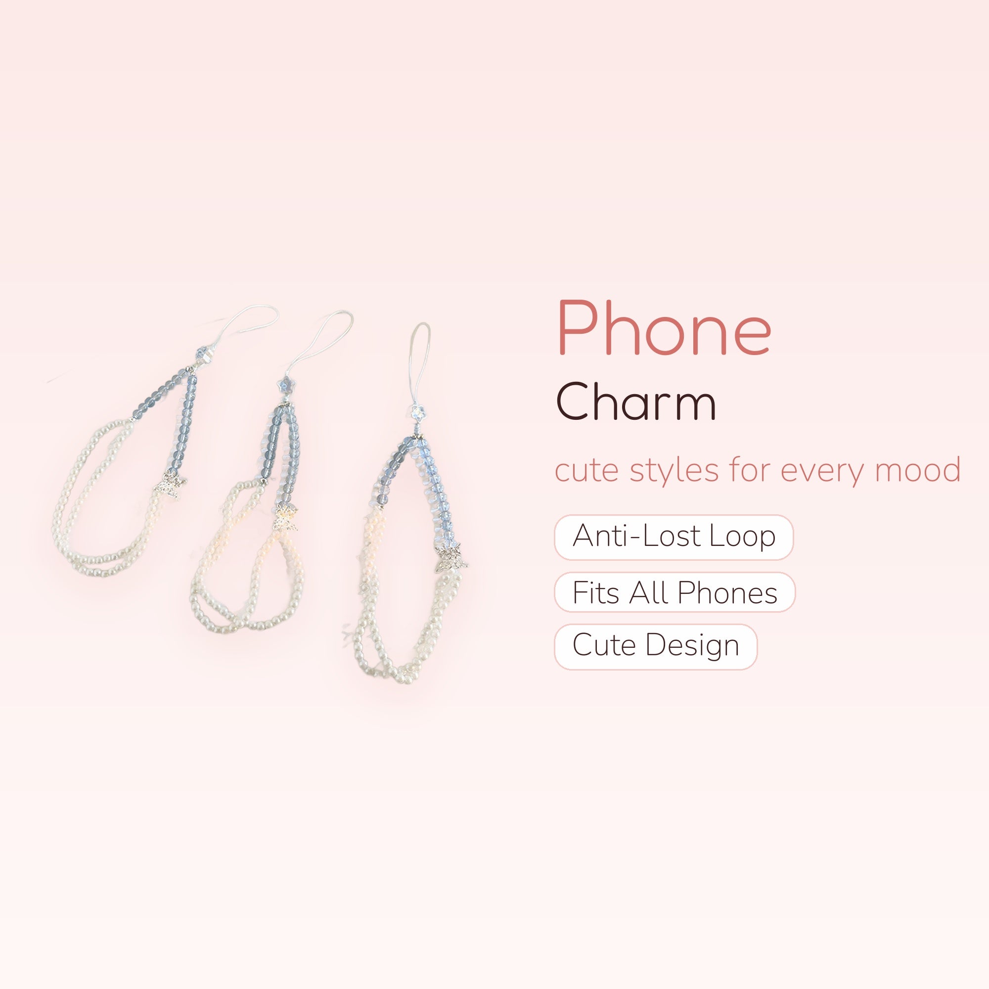 Cute Pearl & Blue Beaded Phone Charm Strap | Aesthetic Star Pendant Wrist Lanyard