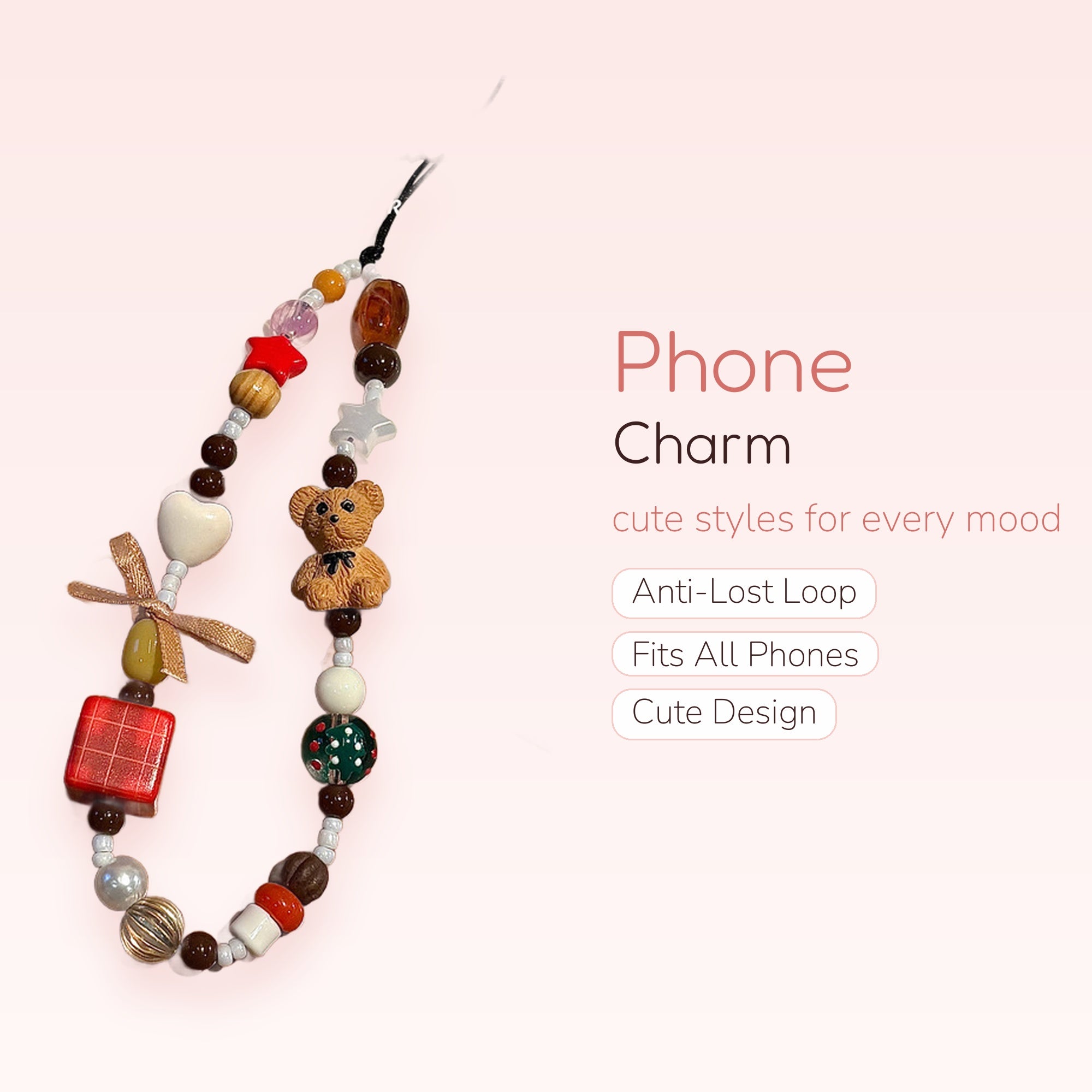 Kawaii Bear & Heart Beaded Phone Charm | Aesthetic Y2K Wrist Lanyard
