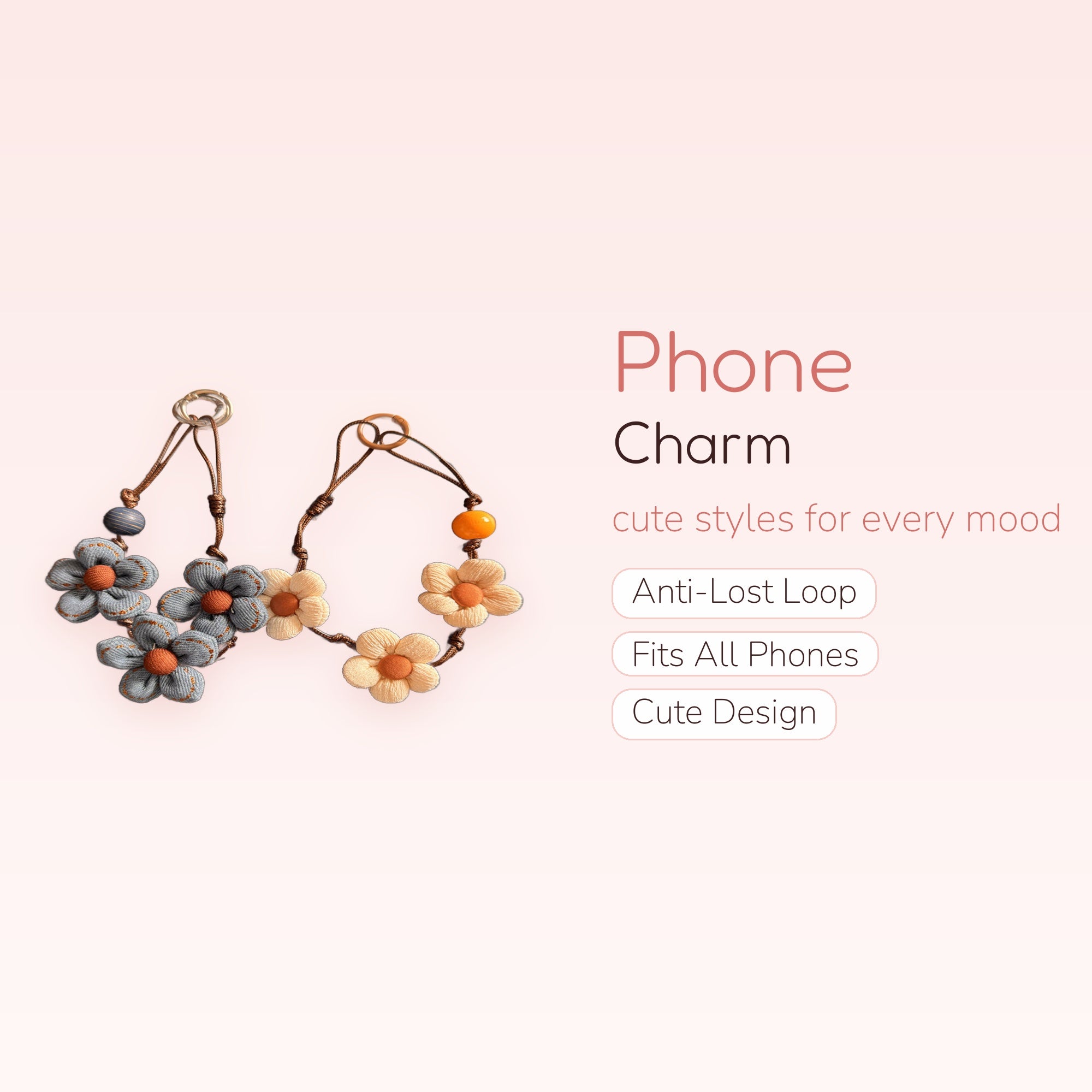 Aesthetic Fabric Flower Phone Charm Strap | Cute Denim & Cream Floral Wrist Lanyard