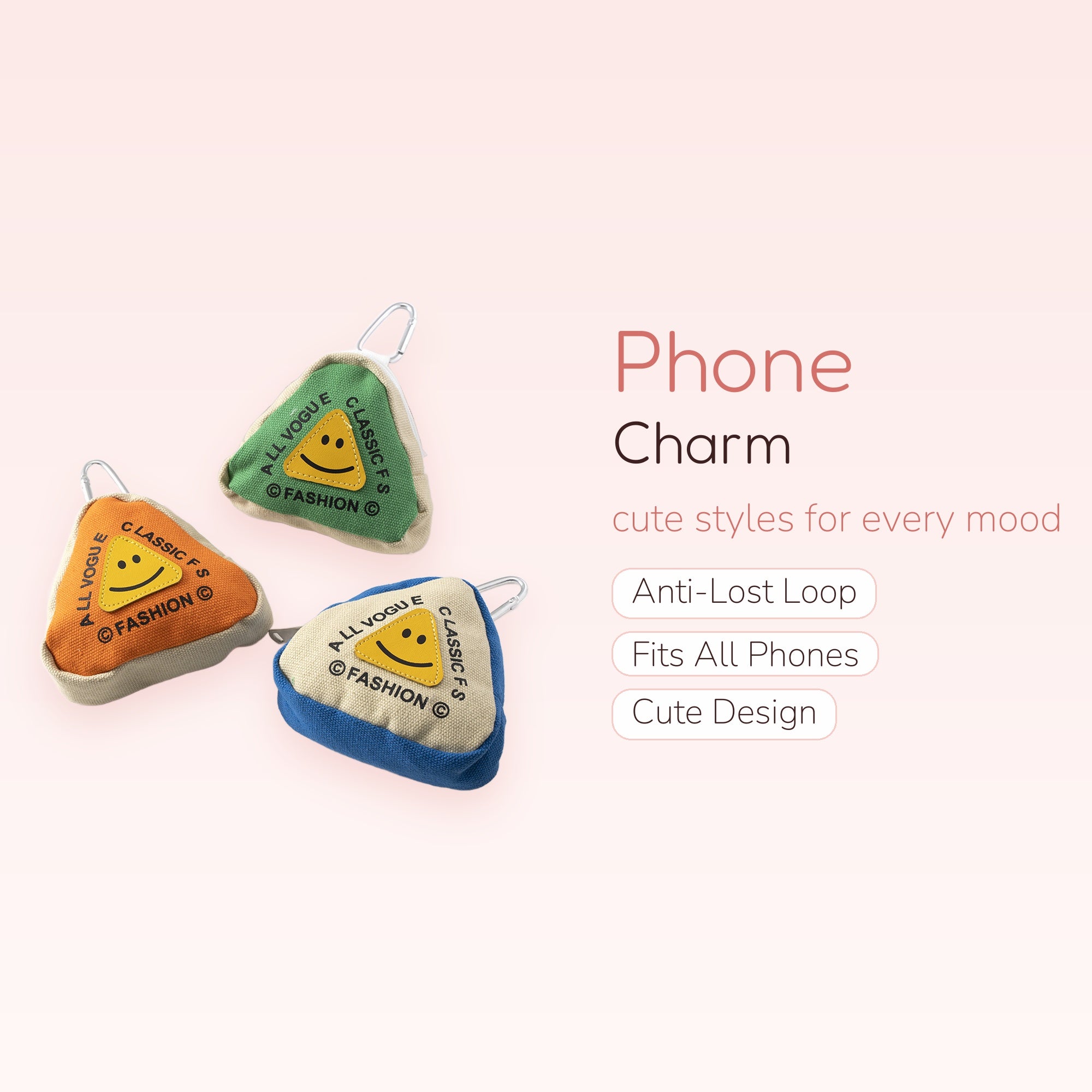 Kawaii Triangle Pouch Phone Charm | Canvas Smiley Face Keyring