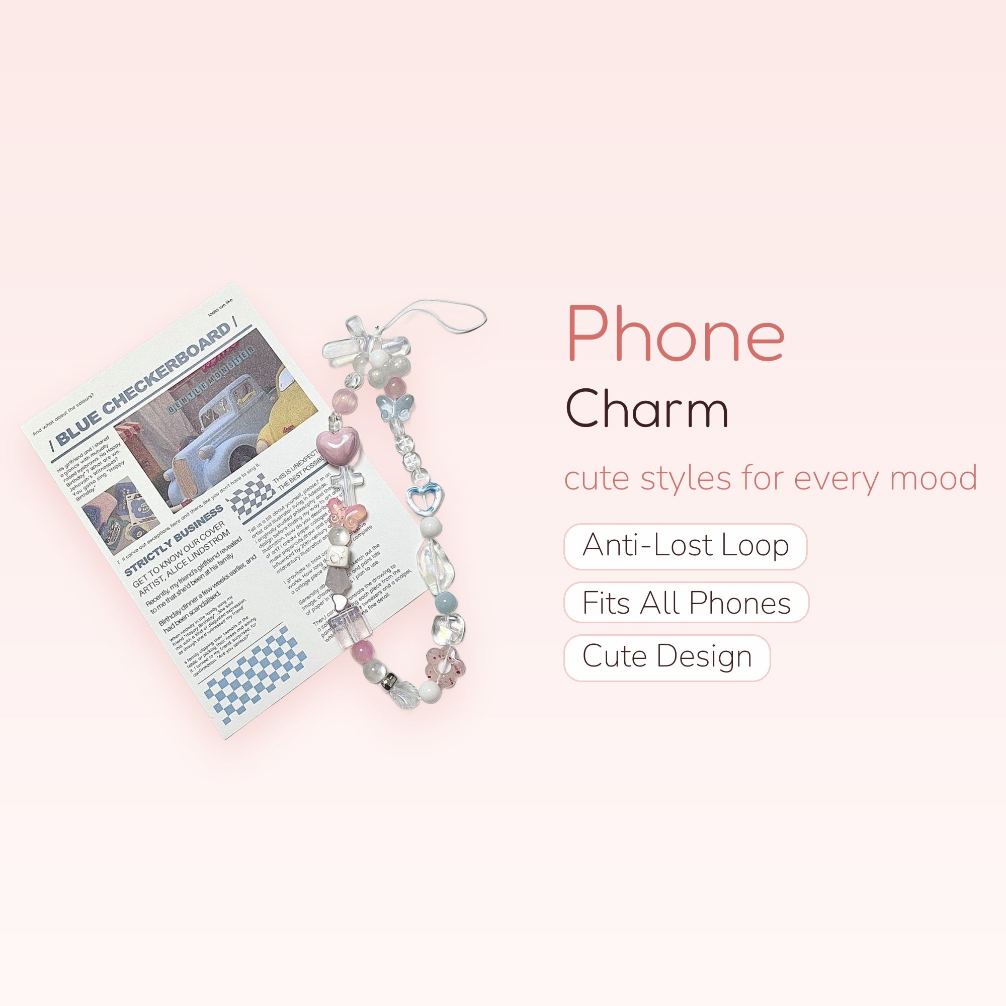 Pastel Pink & Blue Butterfly Heart Phone Charm | Kawaii Beaded Wrist Lanyard