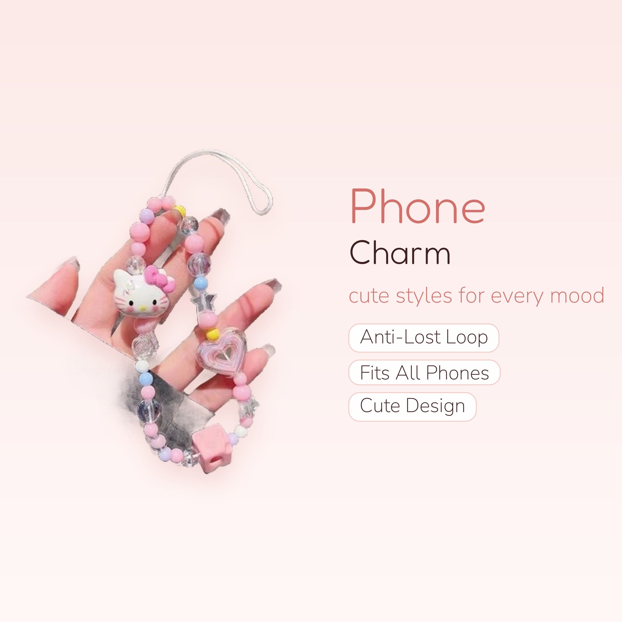 Kawaii Hello Kitty & Heart Phone Charm | Pastel Beaded Wrist Strap Lanyard