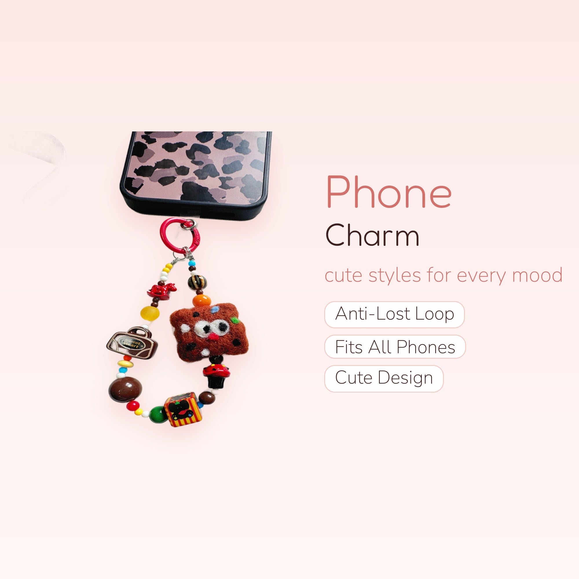Kawaii Beaded Phone Charm Strap | Cute Brown Felt Character Wrist Lanyard