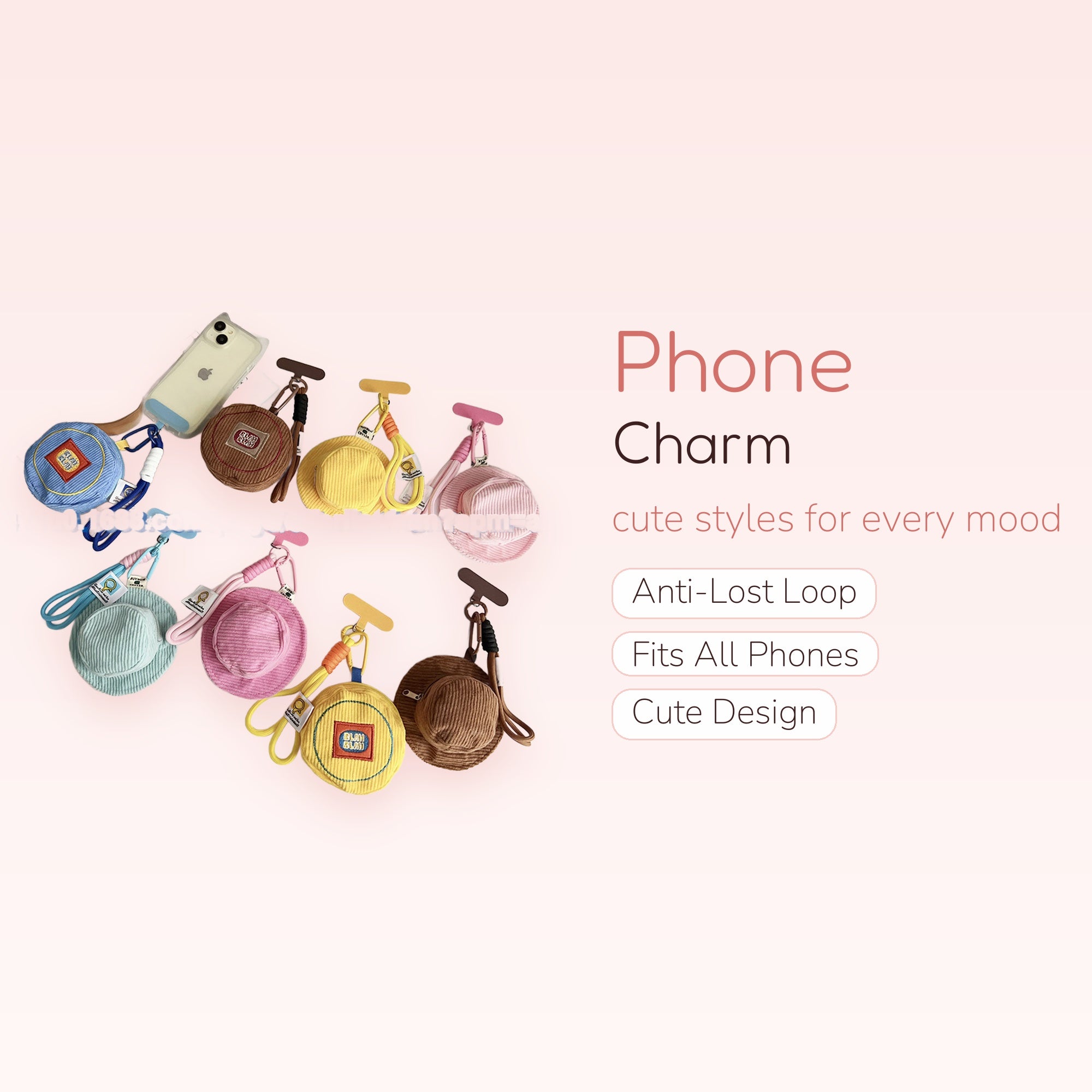 Corduroy Bucket Hat Phone Charm | Cute Mini Bag Wrist Strap