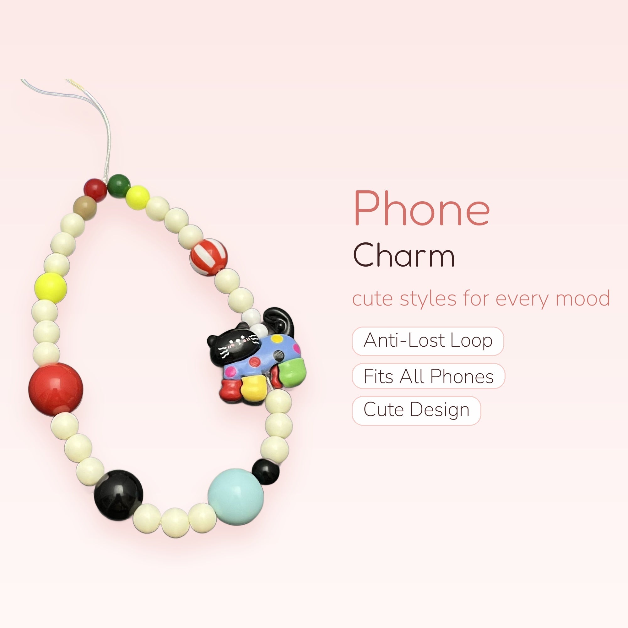 Y2K Beaded Cat Phone Charm Strap | Colorful Pearl & Kitty Wrist Lanyard