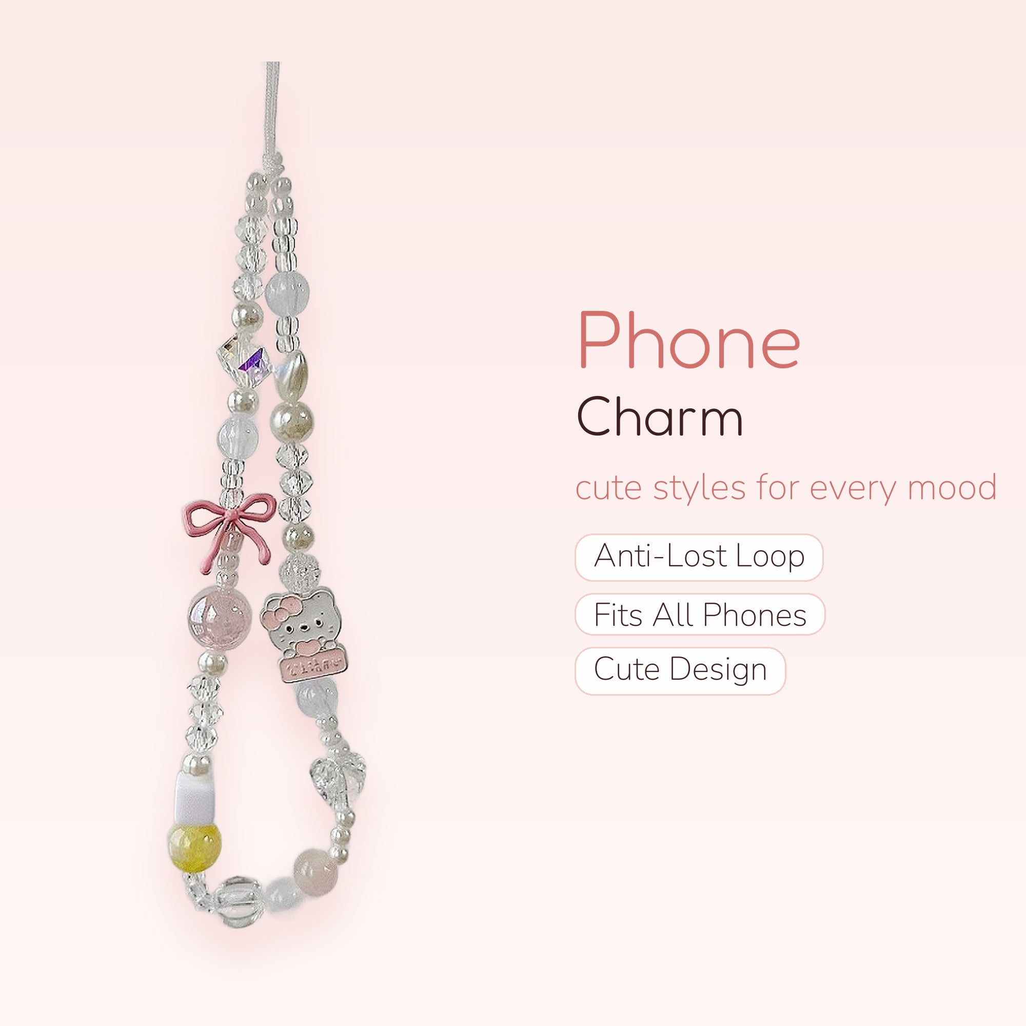Kawaii Pink Bow & Hello Kitty Phone Charm | Pastel Beaded Wrist Strap