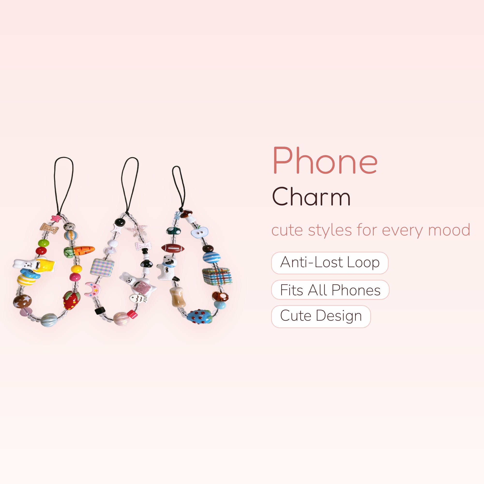 Kawaii Beaded Phone Charm Strap | Cute Food & Animal Charms Wrist Lanyard
