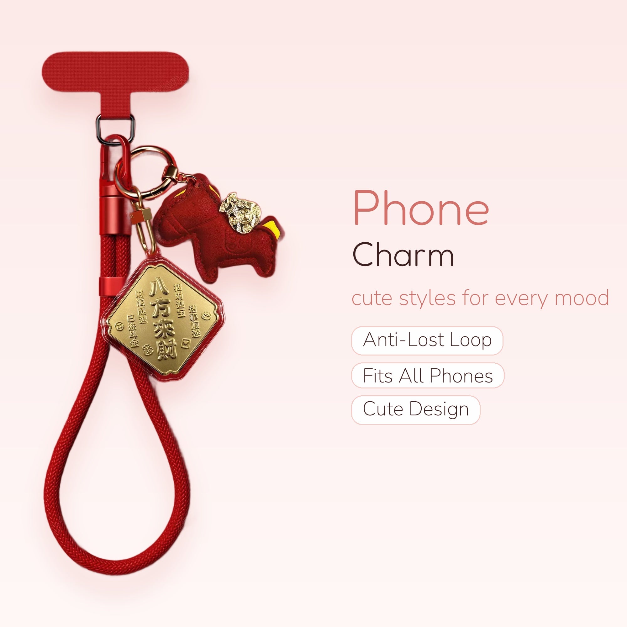 Red Braided Wrist Phone Charm | Lucky Horse & Gold Ingot Lanyard