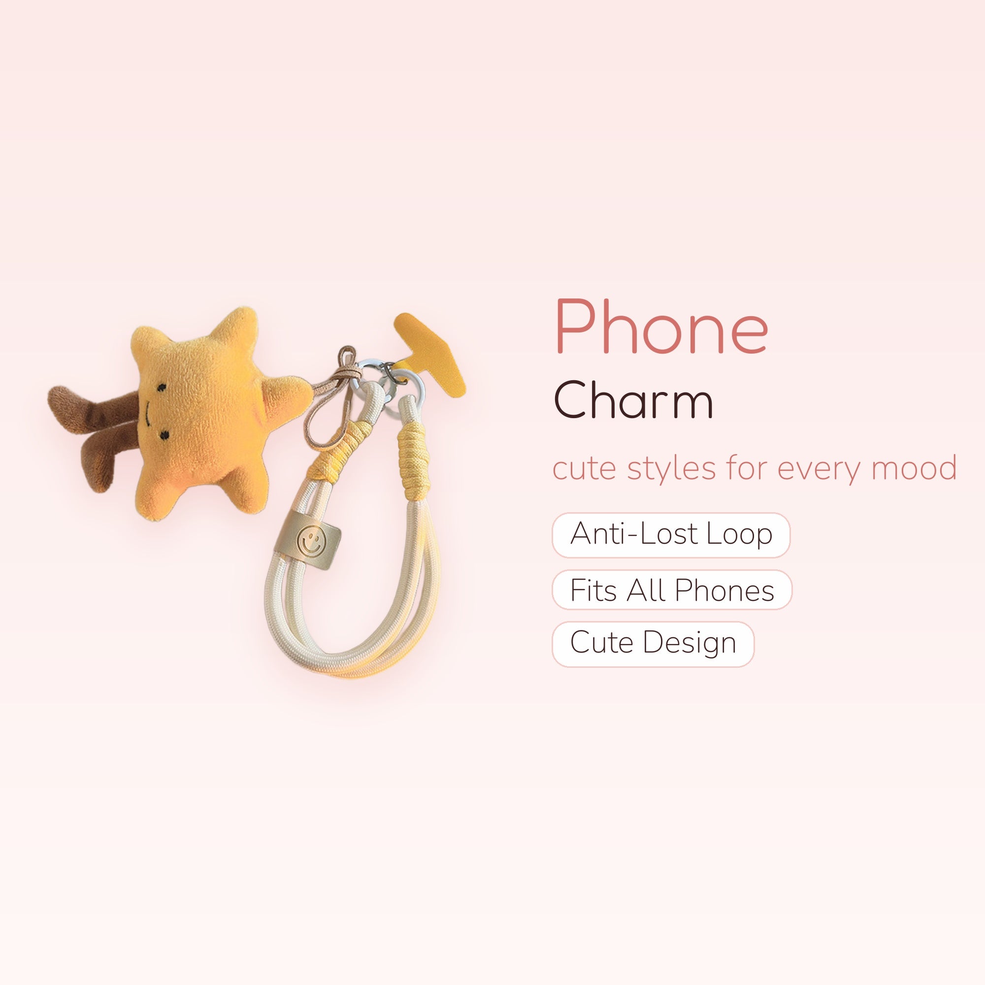 Cute Yellow Star Plushie & Braided Wrist Phone Charm | Kawaii Smiley Face Lanyard