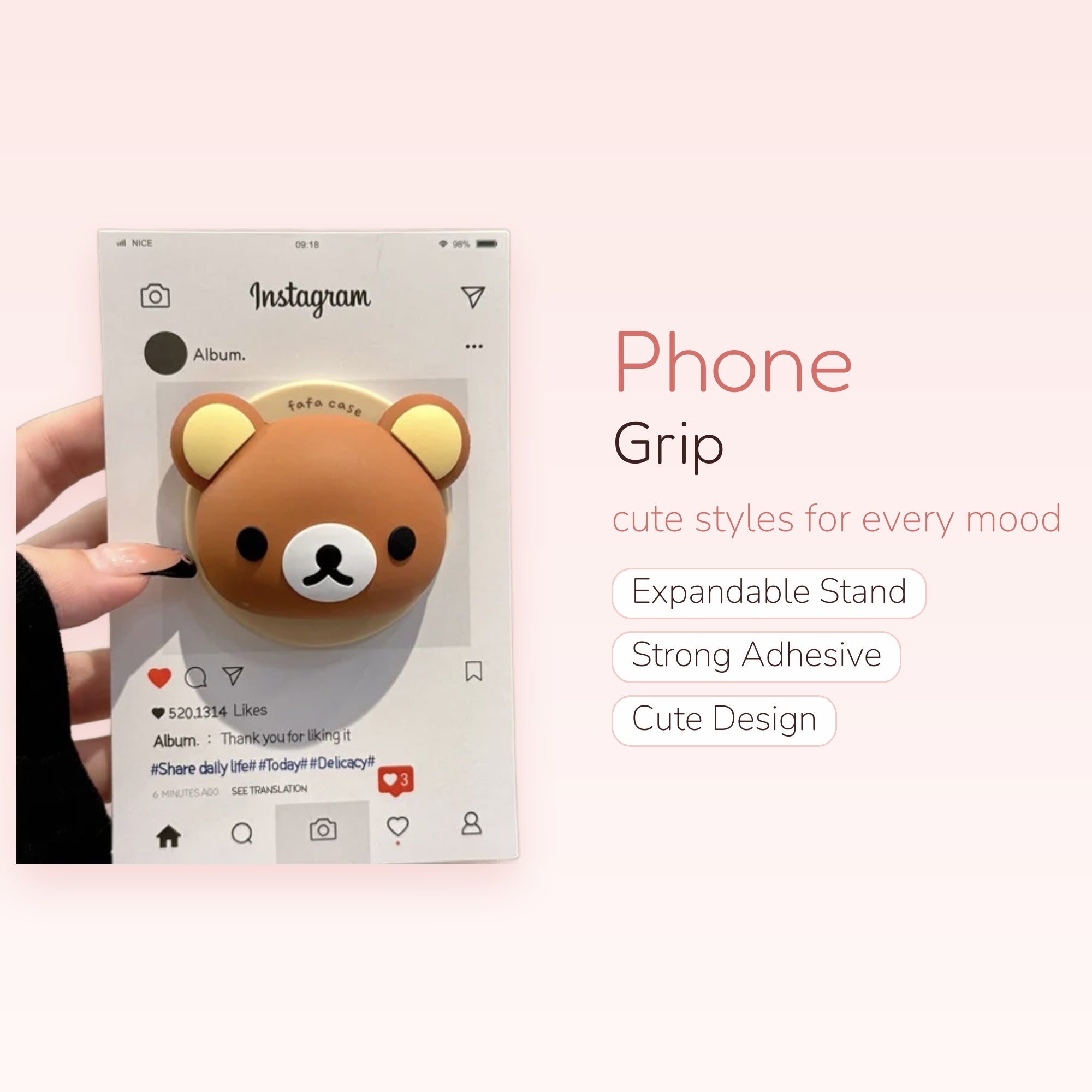 Cute Brown Bear Phone Grip | Kawaii Rilakkuma-Style Pop Socket Stand