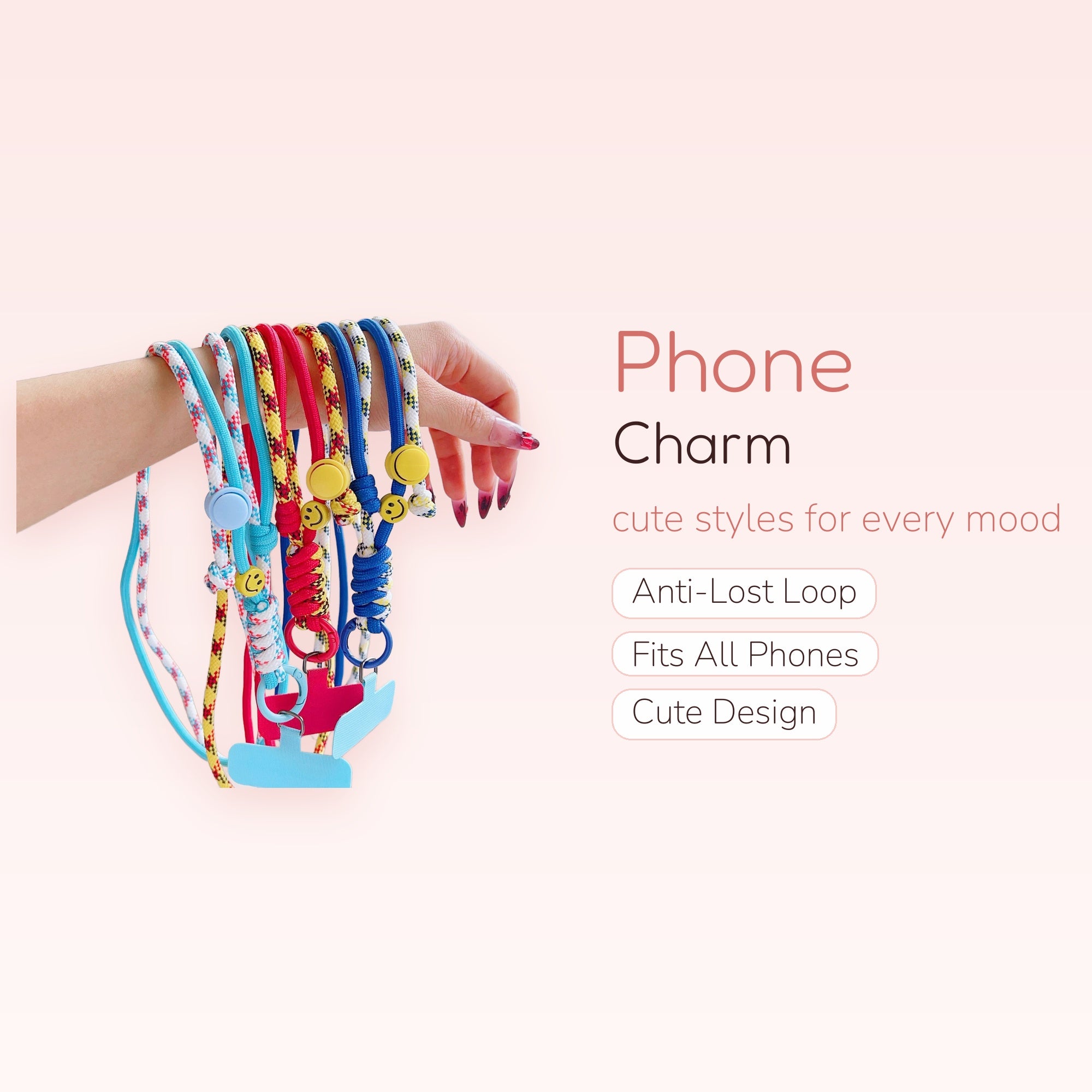 Colorful Braided Rope Phone Charm Lanyard | Cute Smiley Face Wrist Strap
