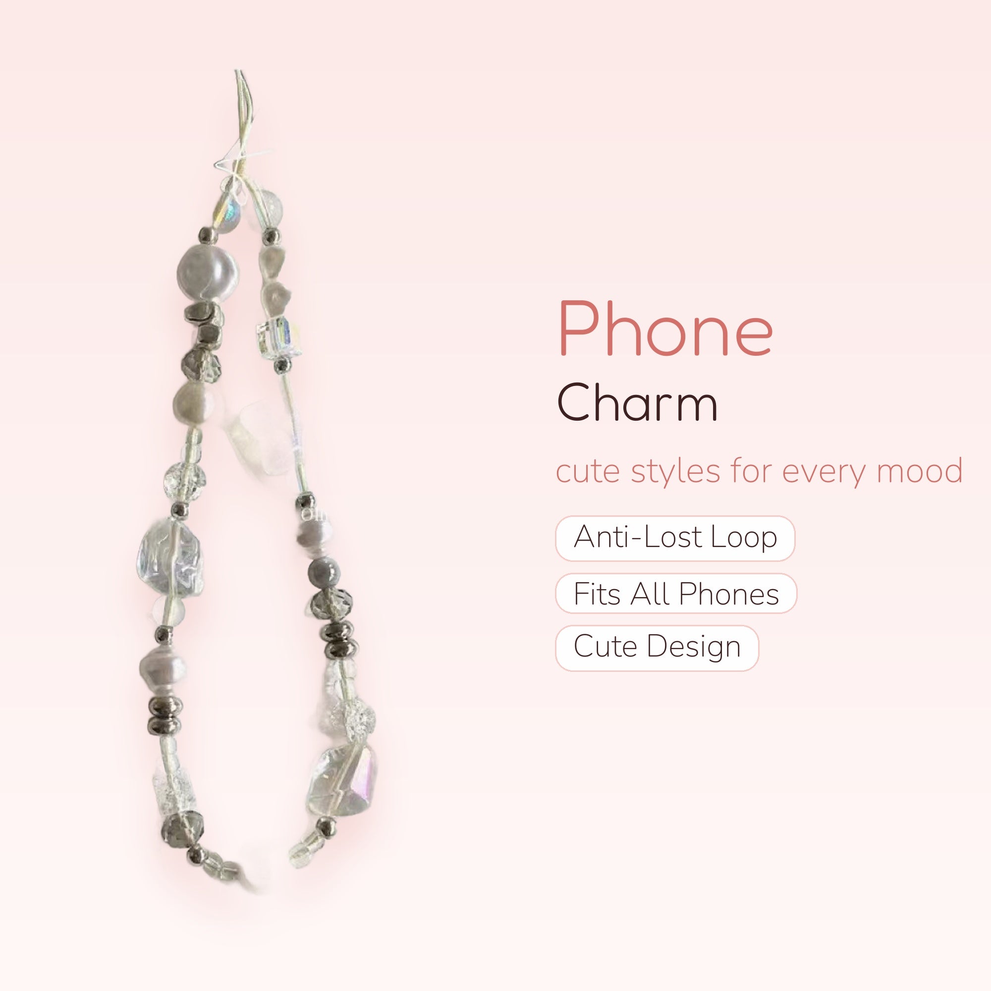 Clear & Pearl Beaded Phone Charm | Aesthetic Star & Iridescent Wrist Strap