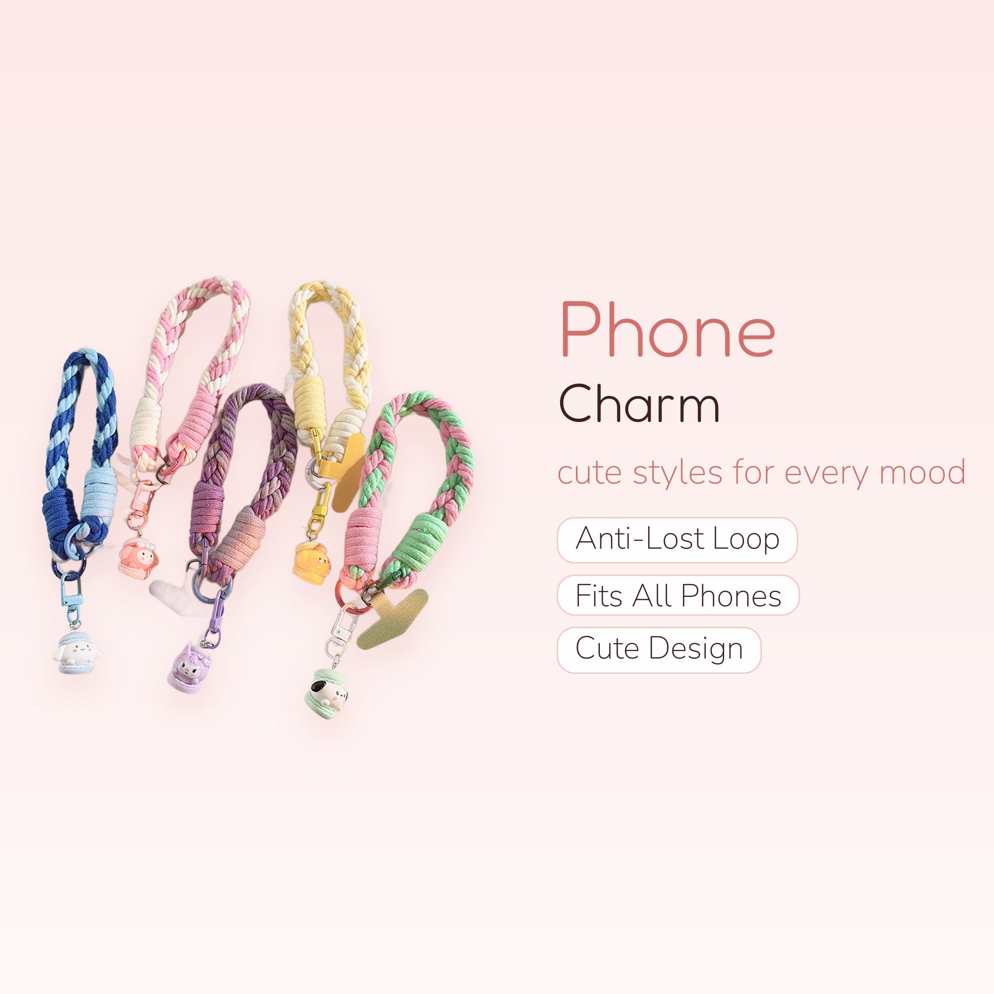 Braided Rope Phone Charm Wristlet | Kawaii Animal Character Lanyard