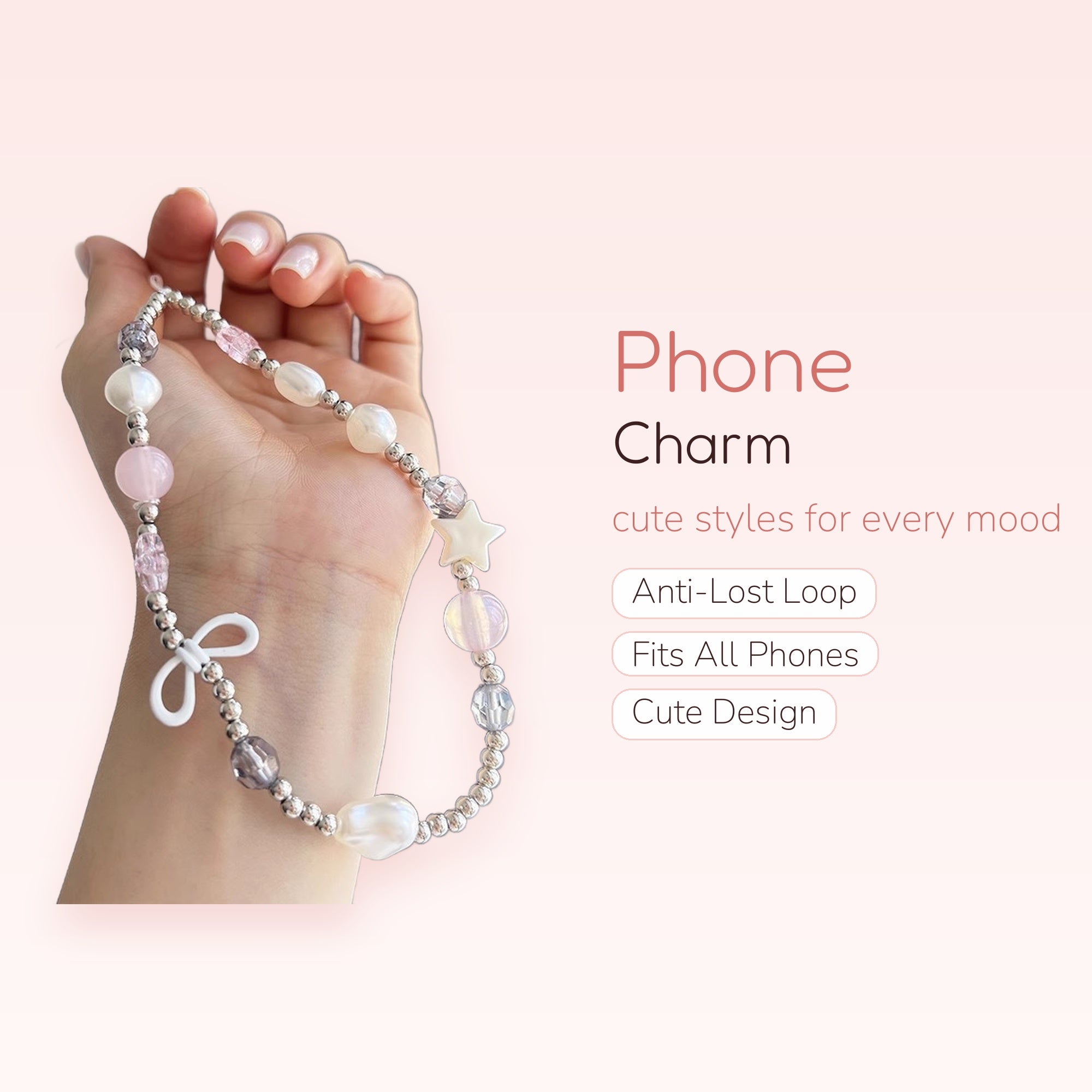Pastel Pearl & Crystal Beaded Phone Charm | Cute Star & Bow Wrist Strap