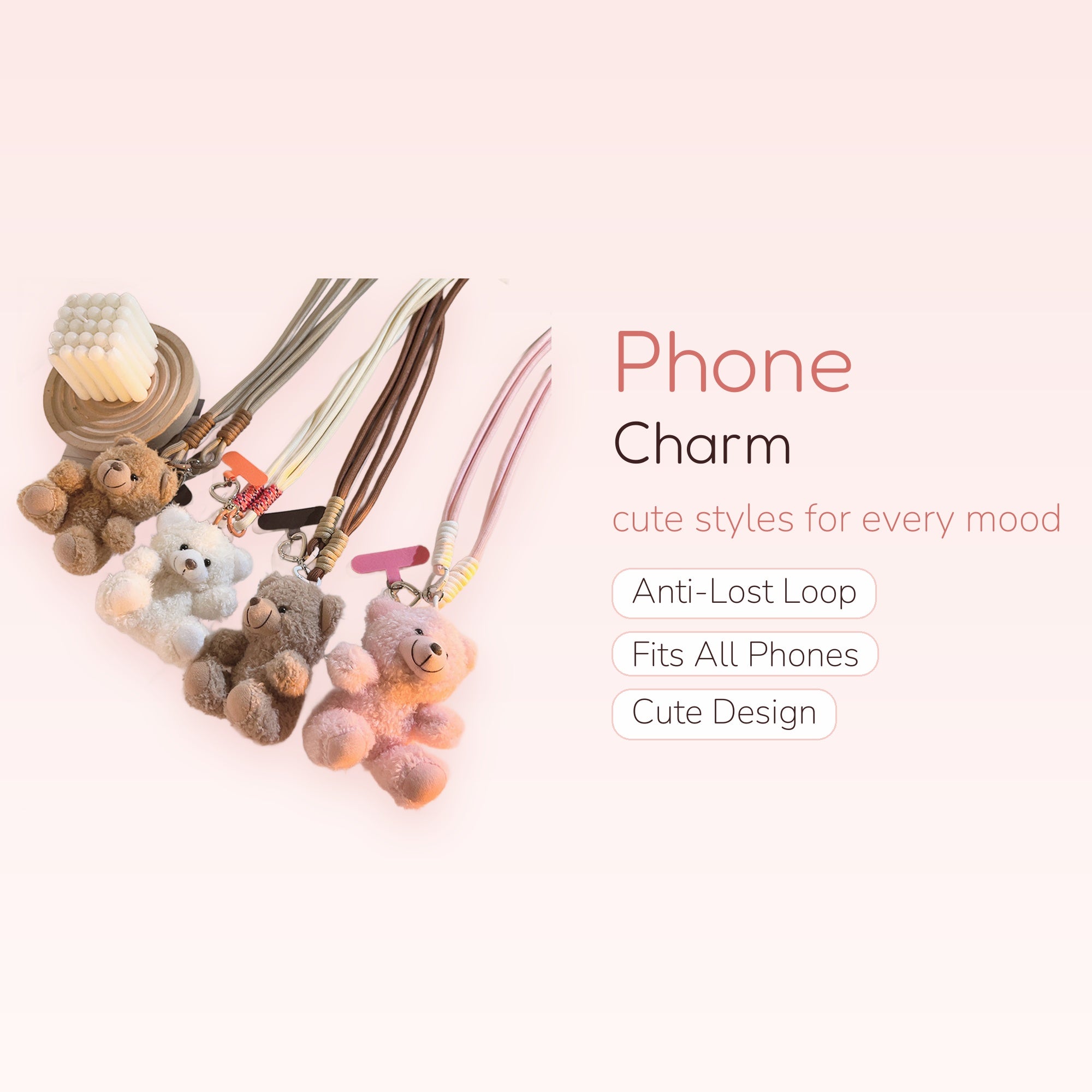 Cute Teddy Bear Phone Charm Lanyard | Plush Animal Wrist Strap for Phone