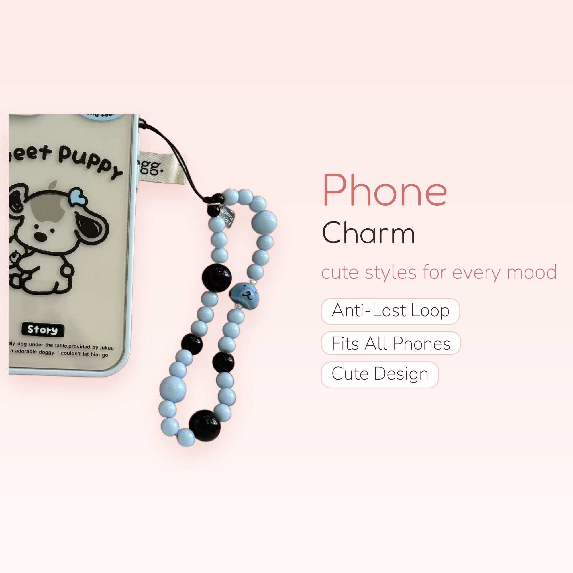 Kawaii Blue & Black Beaded Phone Charm Strap | Cute Puppy Dog Wrist Lanyard