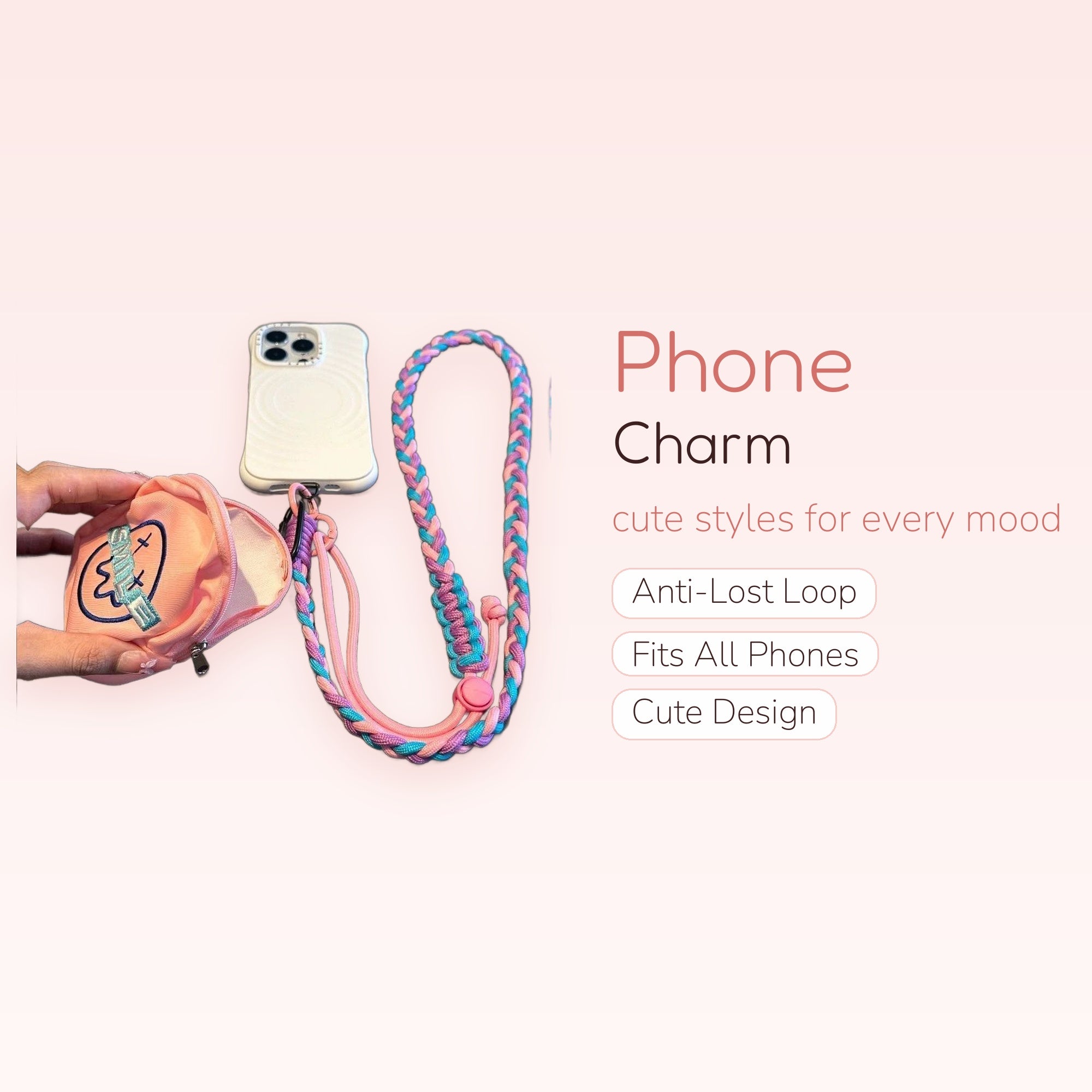 Braided Pastel Pink, Purple & Blue Phone Lanyard with Mini Pouch | Aesthetic Crossbody Strap