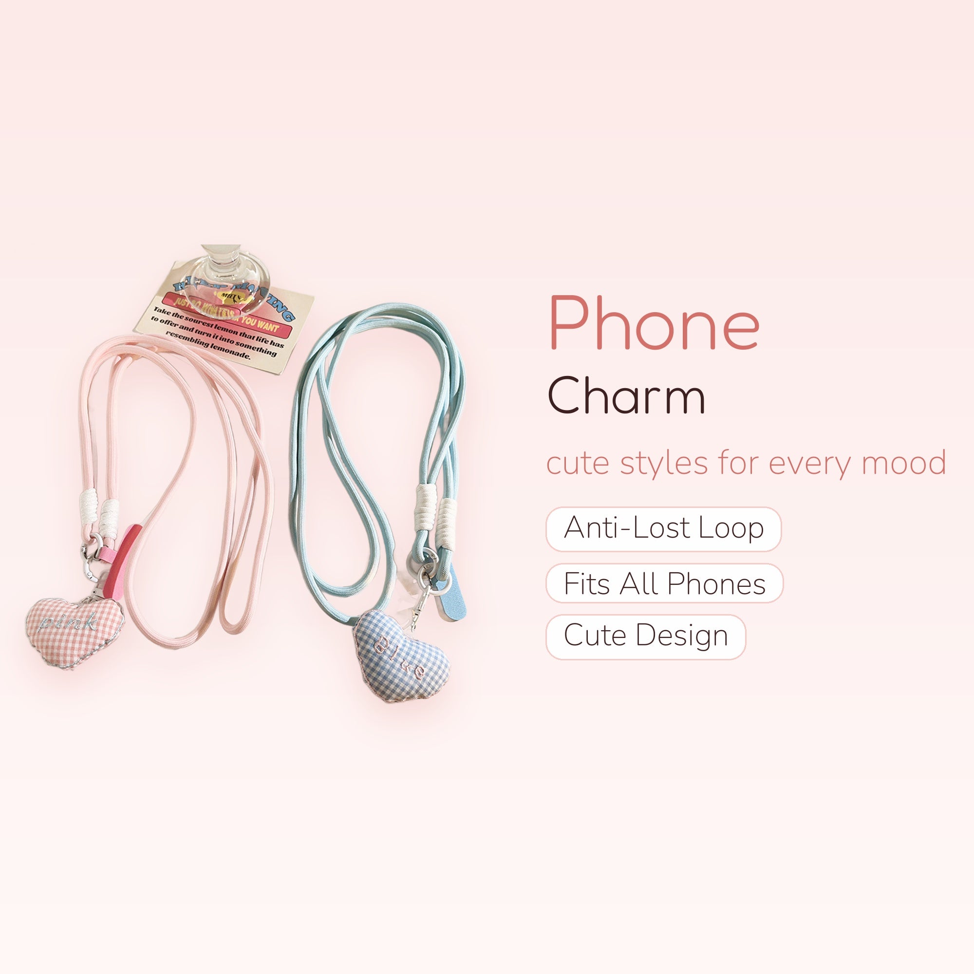 Kawaii Gingham Heart Phone Lanyard | Pastel Pink & Blue Crossbody Strap