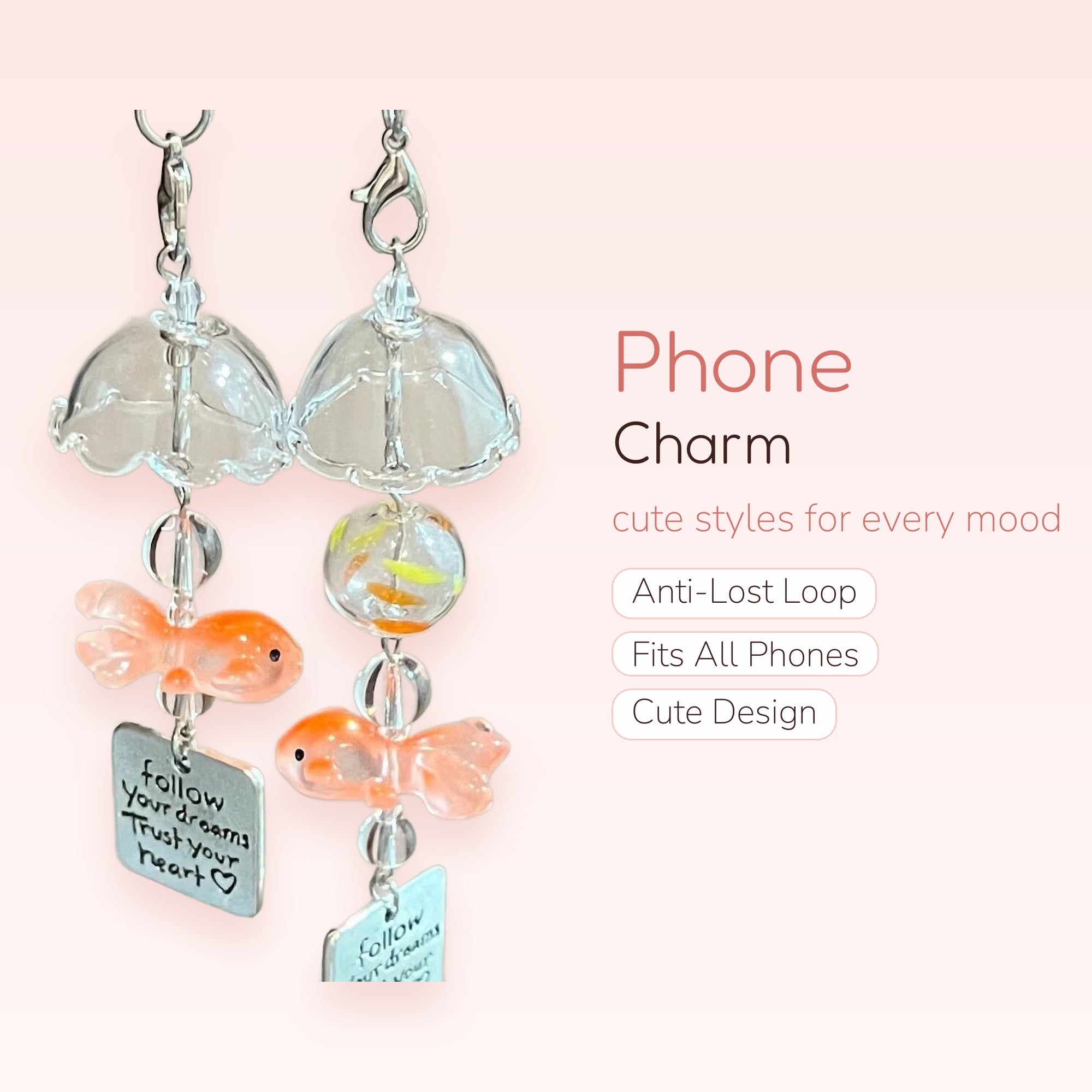 Cute Goldfish & Umbrella Phone Charm | Aesthetic Clear Beaded Keychain