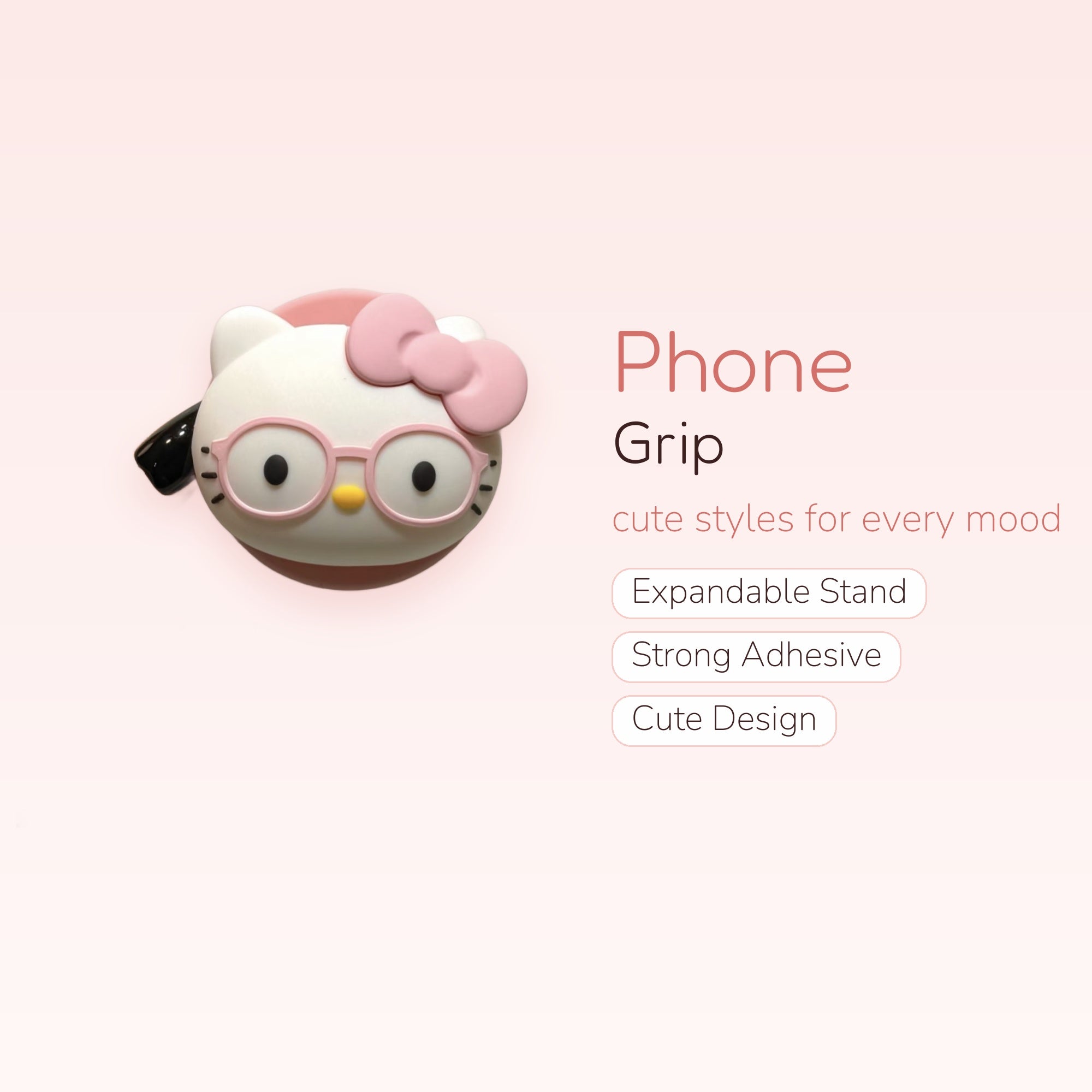 Kawaii Hello Kitty Pink Glasses Phone Grip | Cute Pop Socket Stand