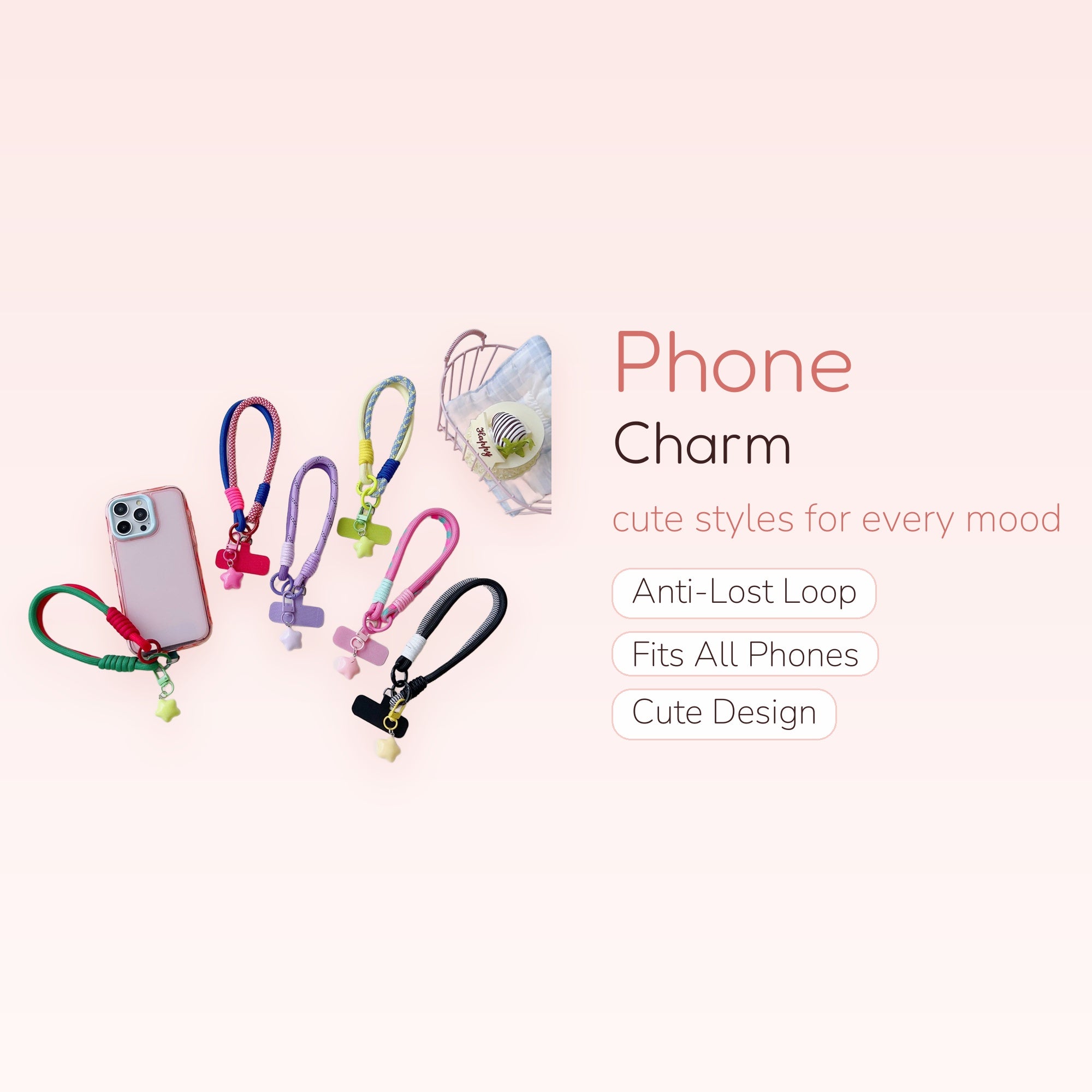 Colorful Braided Rope Phone Charm Strap | Cute Star Pendant Wrist Lanyard