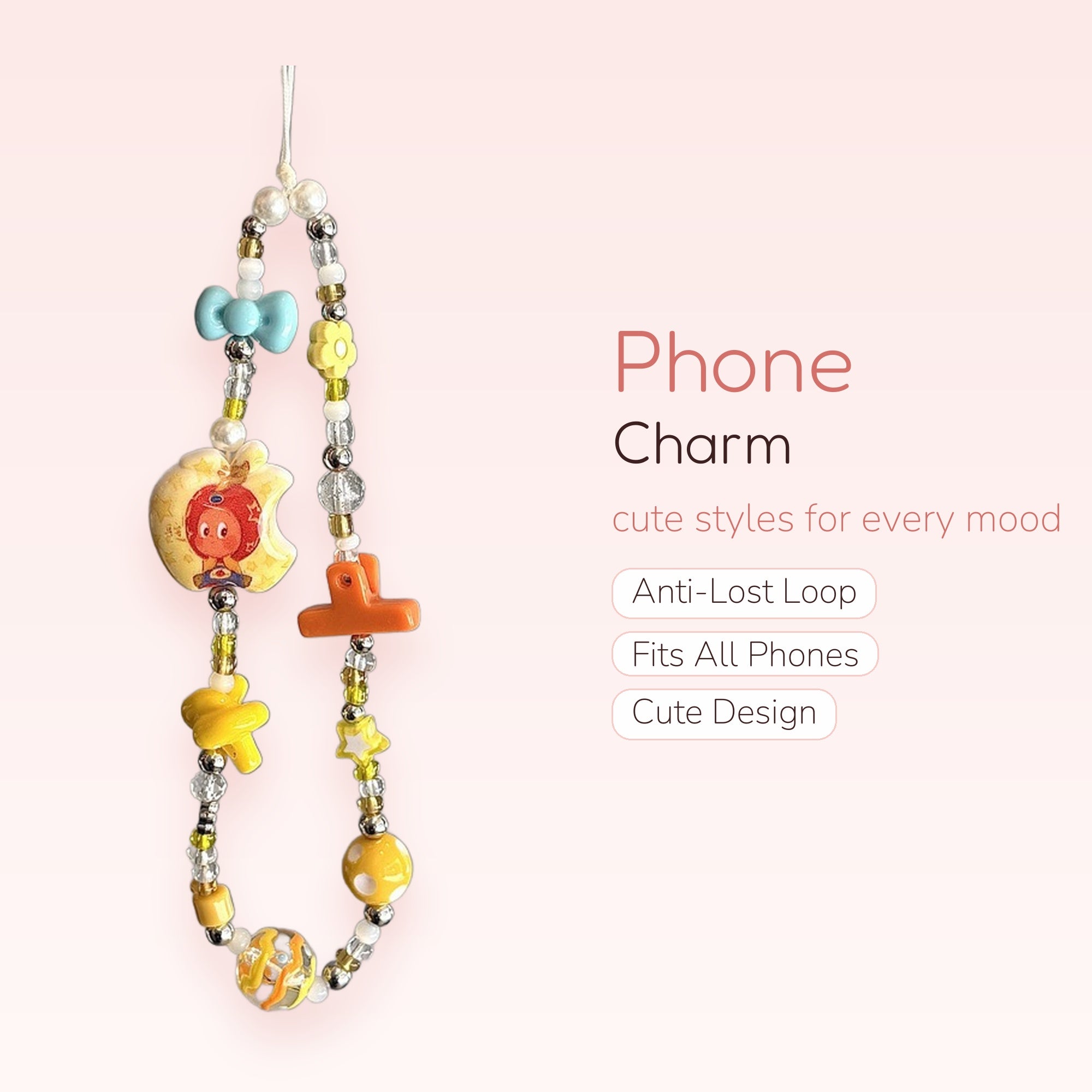 Kawaii Yellow & Orange Beaded Phone Charm | Cute Apple Character Wrist Strap